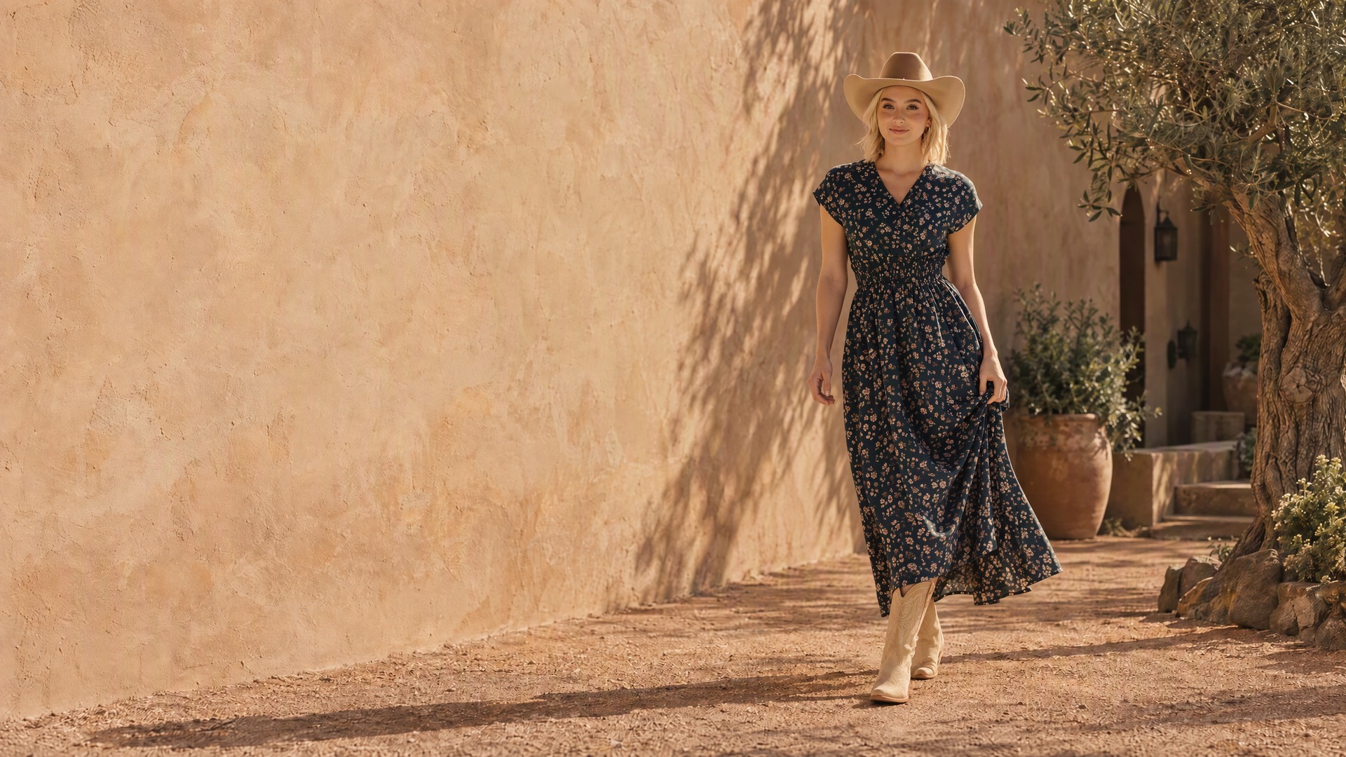 Juniper Maxi Dress model placed in the original warm desert hero scene