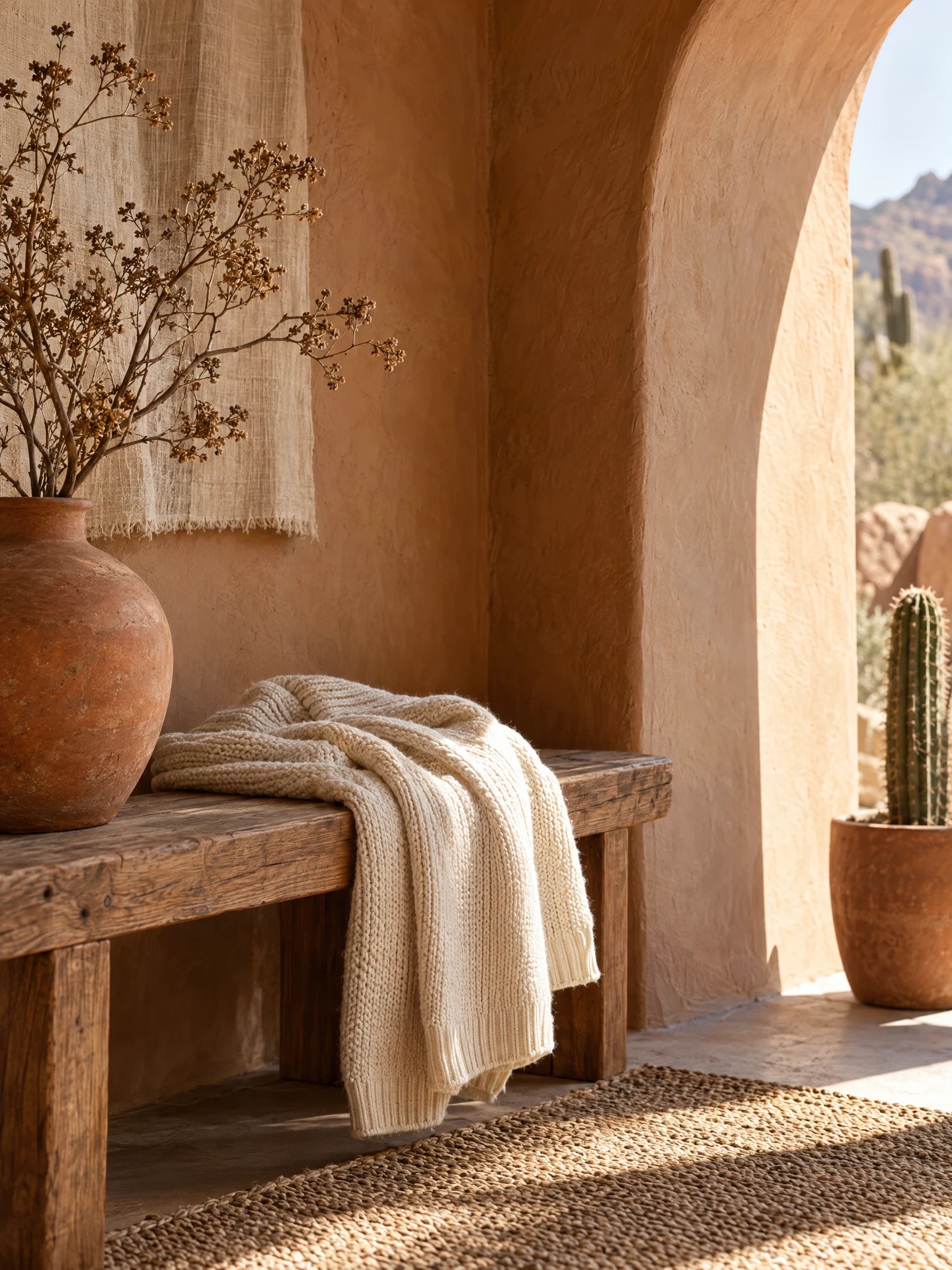 Warm adobe textures, soft knitwear and a quiet southwestern corner