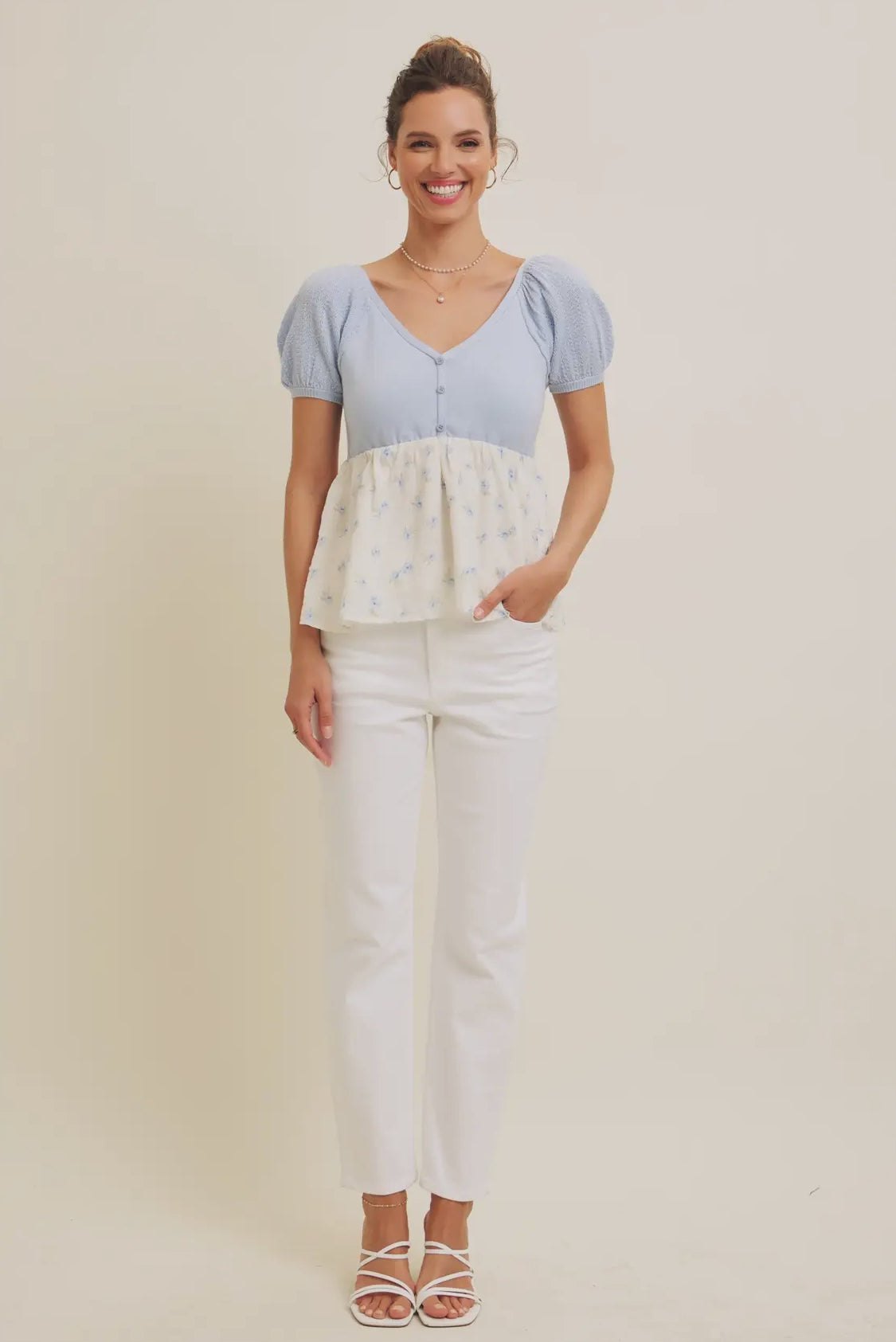 Babydoll Floral Sweater Top in Light Blue