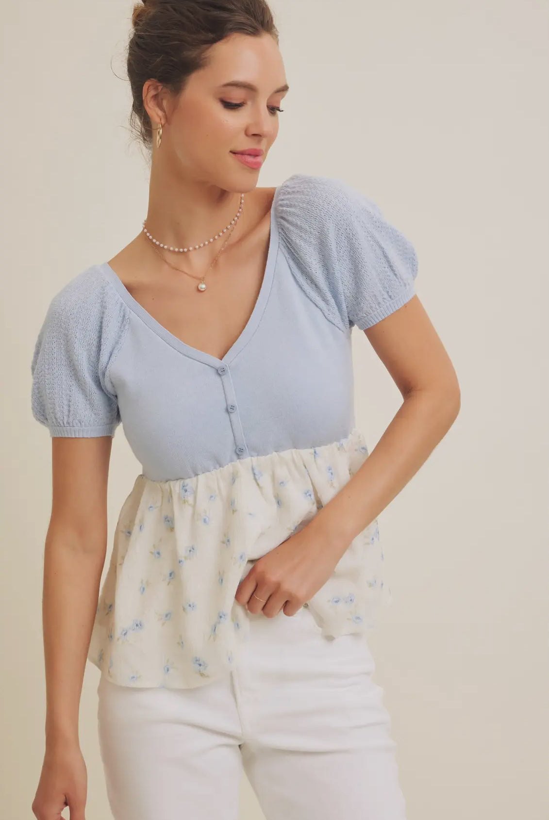 Babydoll Floral Sweater Top in Light Blue, alternate view