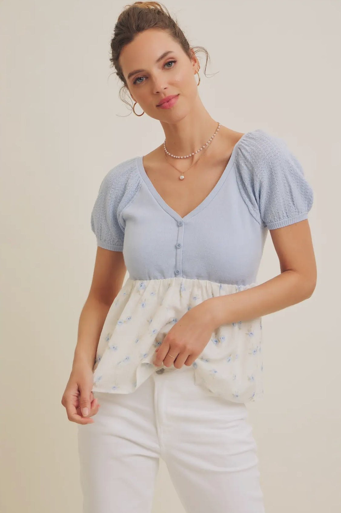 Babydoll Floral Sweater Top in Light Blue, thumbnail 3