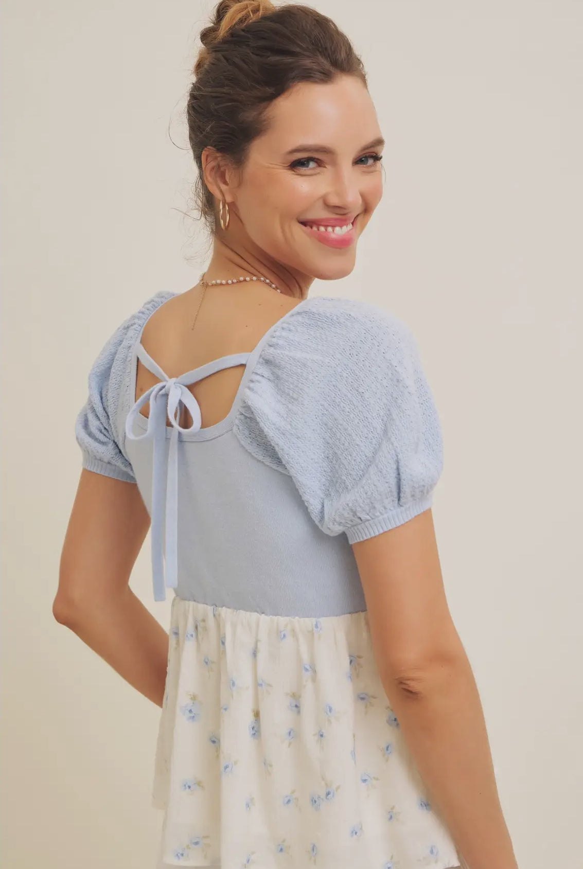 Babydoll Floral Sweater Top in Light Blue, thumbnail 5