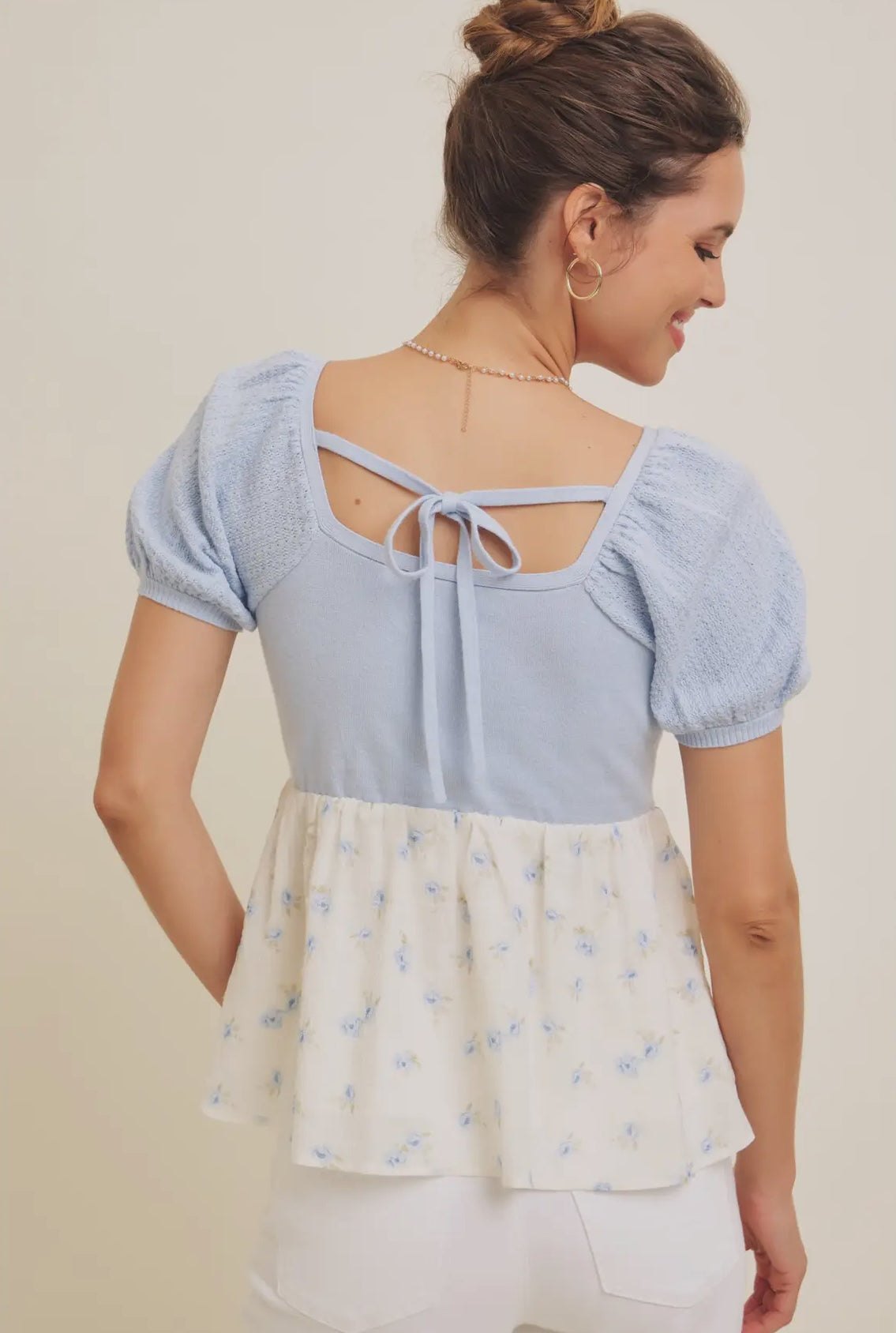 Babydoll Floral Sweater Top in Light Blue, thumbnail 6