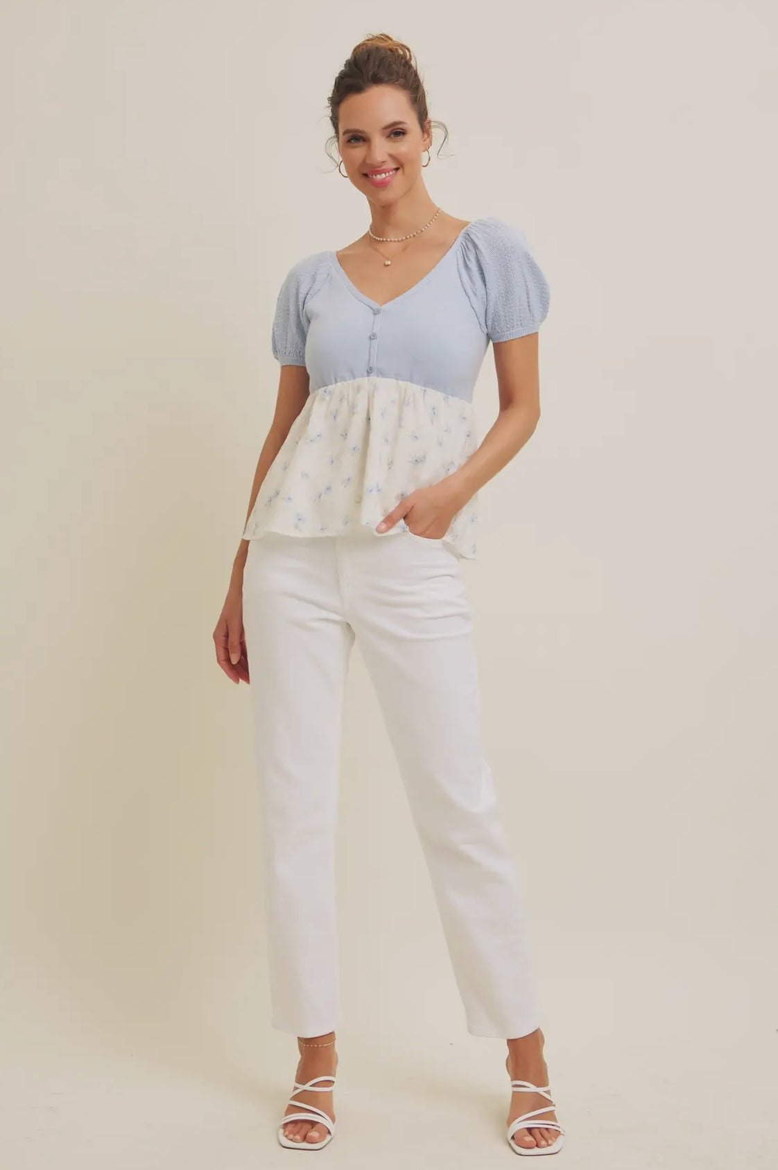 Babydoll Floral Sweater Top in Light Blue, thumbnail 7