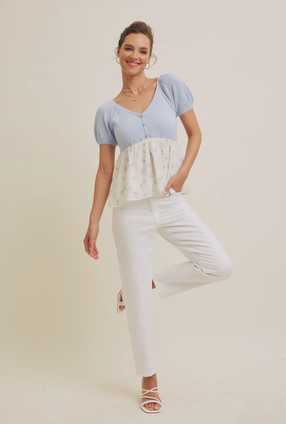 Babydoll Floral Sweater Top in Light Blue, thumbnail 8