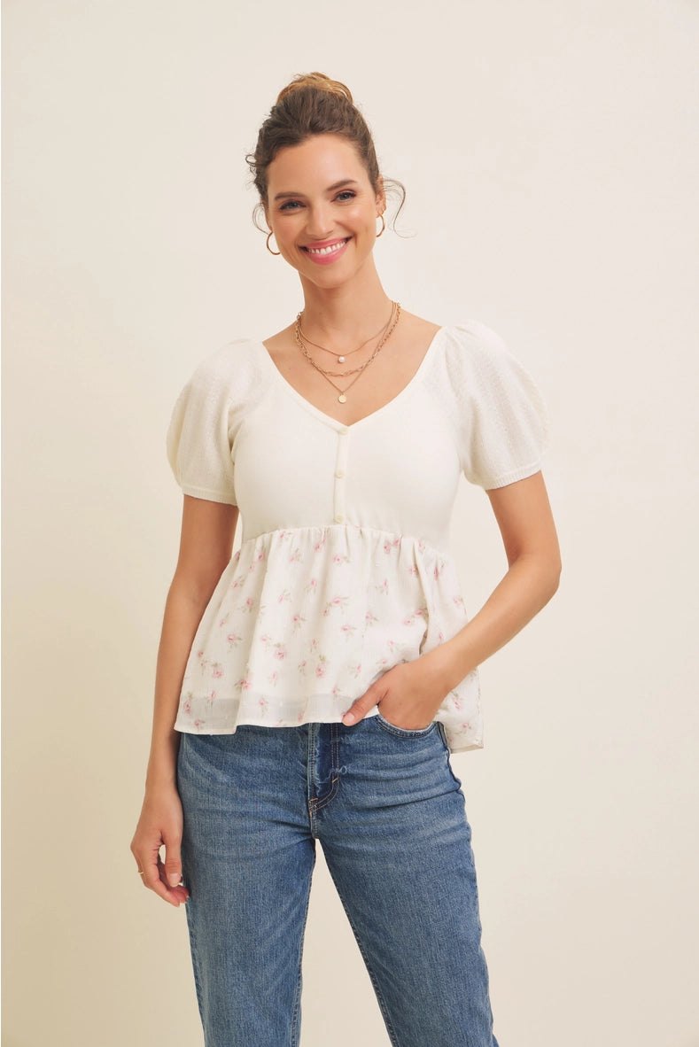 Babydoll Floral Sweater Top in Ivory