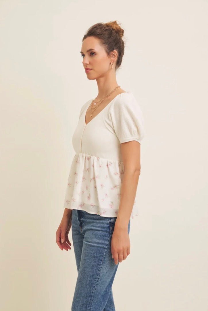 Babydoll Floral Sweater Top in Ivory, thumbnail 3