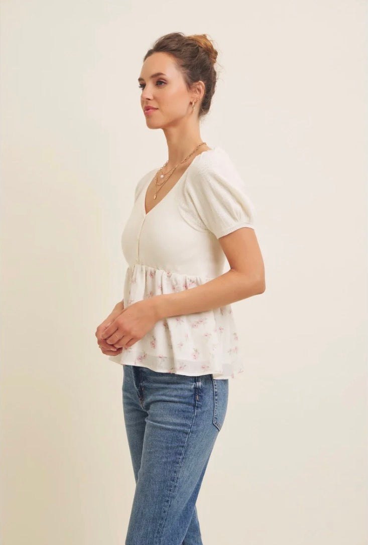 Babydoll Floral Sweater Top in Ivory, thumbnail 4