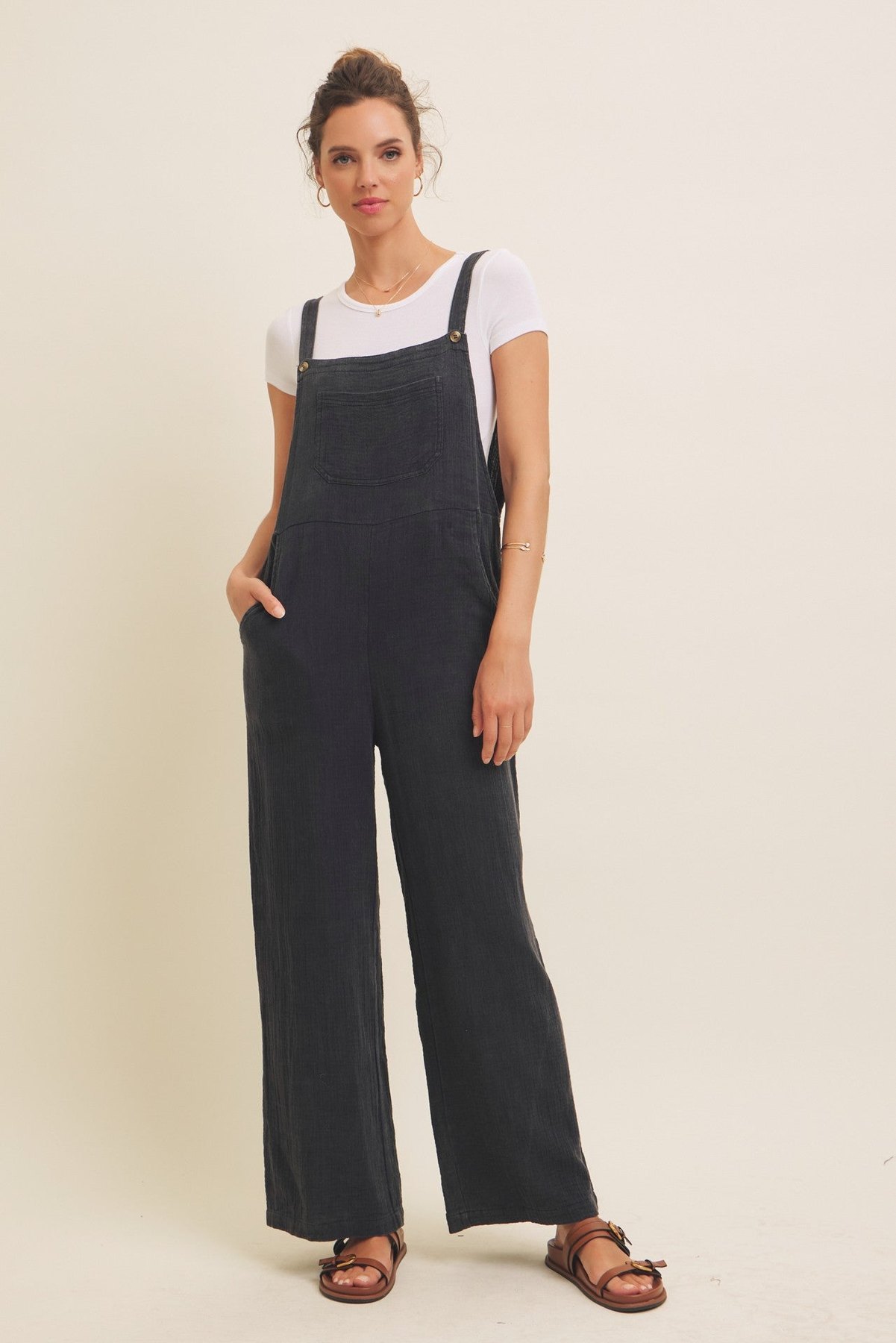 Black Mineral Washed Gauze Overalls