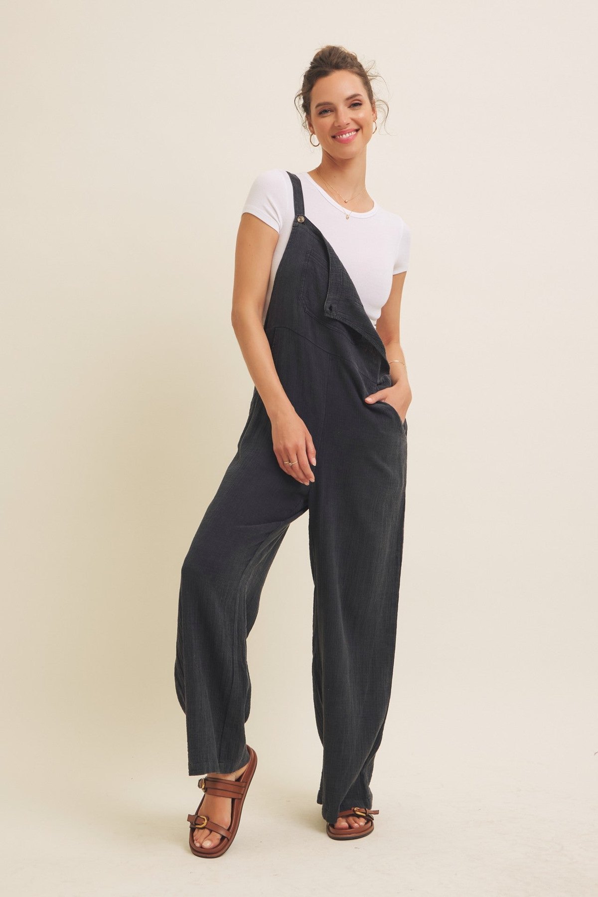 Black Mineral Washed Gauze Overalls, alternate view