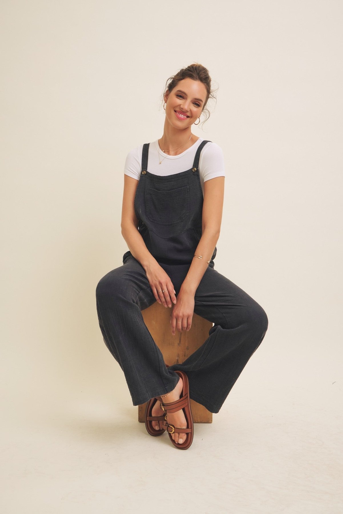 Black Mineral Washed Gauze Overalls, thumbnail 3