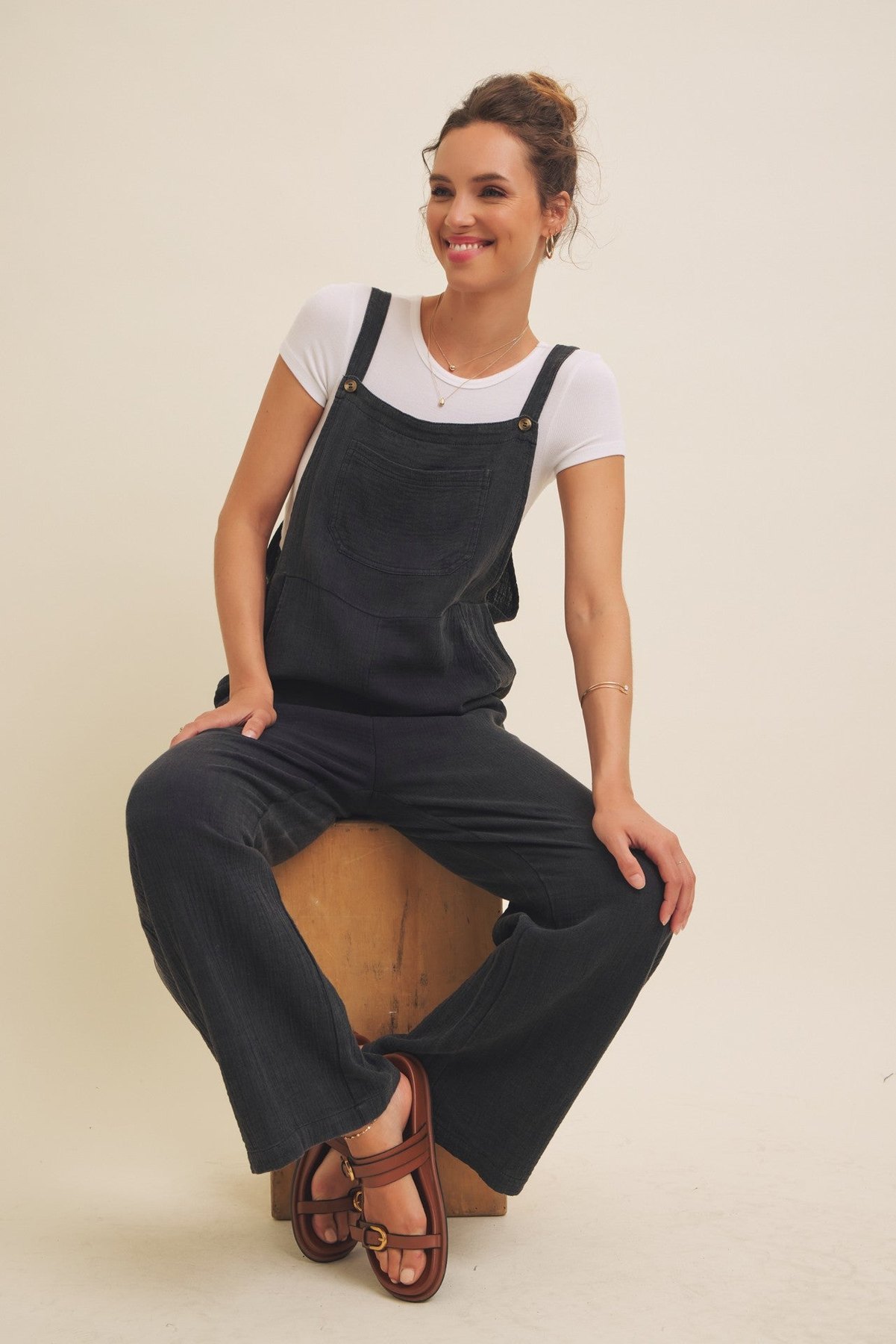 Black Mineral Washed Gauze Overalls, thumbnail 4