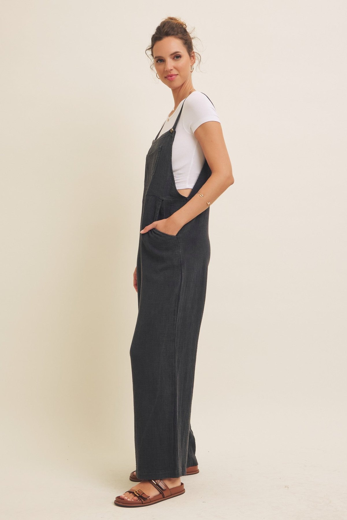 Black Mineral Washed Gauze Overalls, thumbnail 5