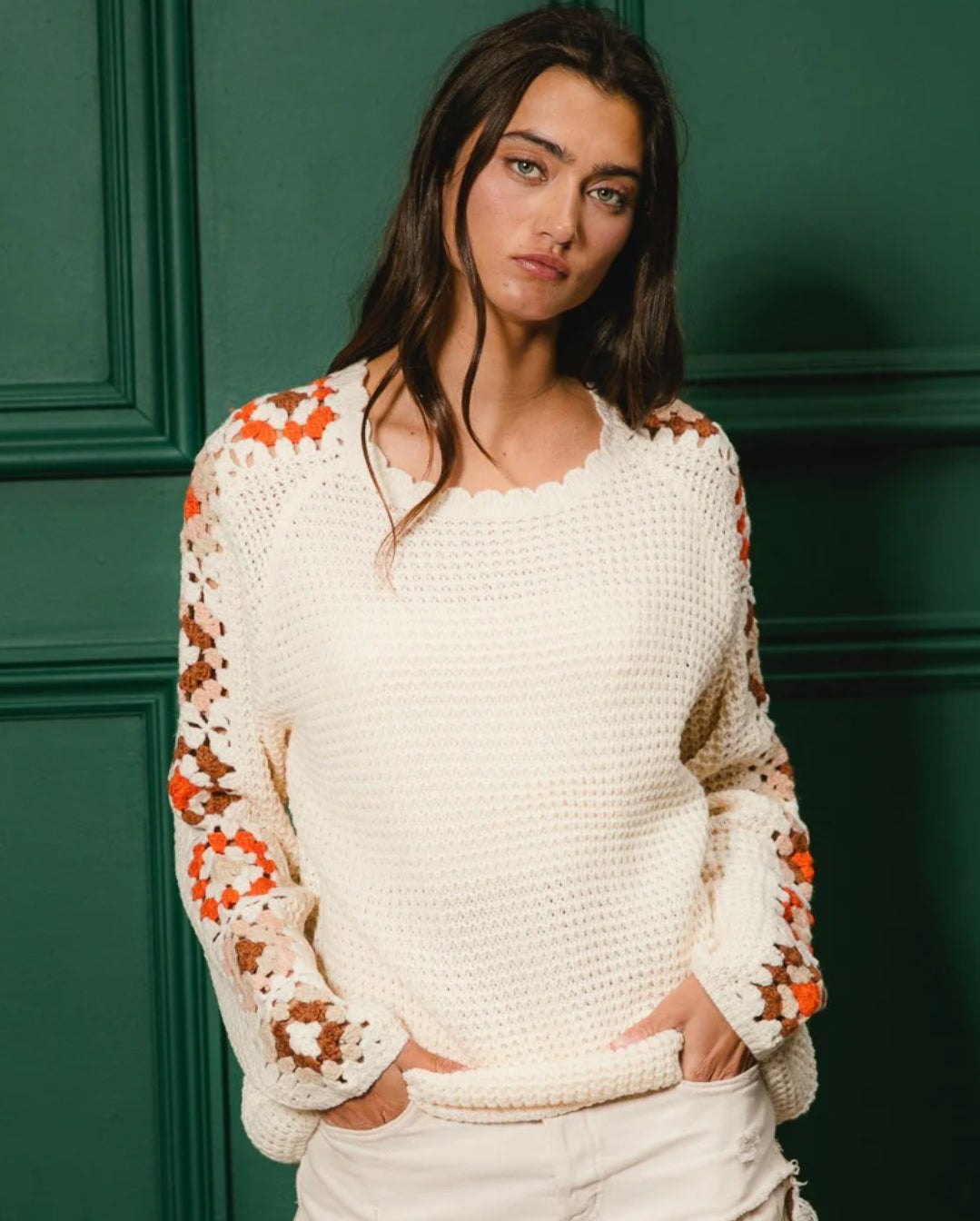 Cream Crochet Detailed Long Sleeve Sweater