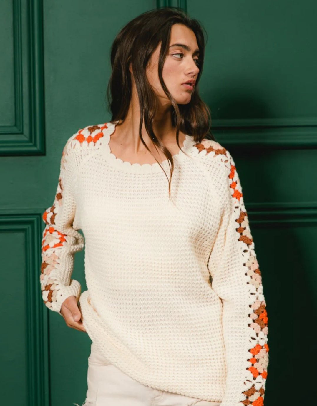 Cream Crochet Detailed Long Sleeve Sweater, thumbnail 3