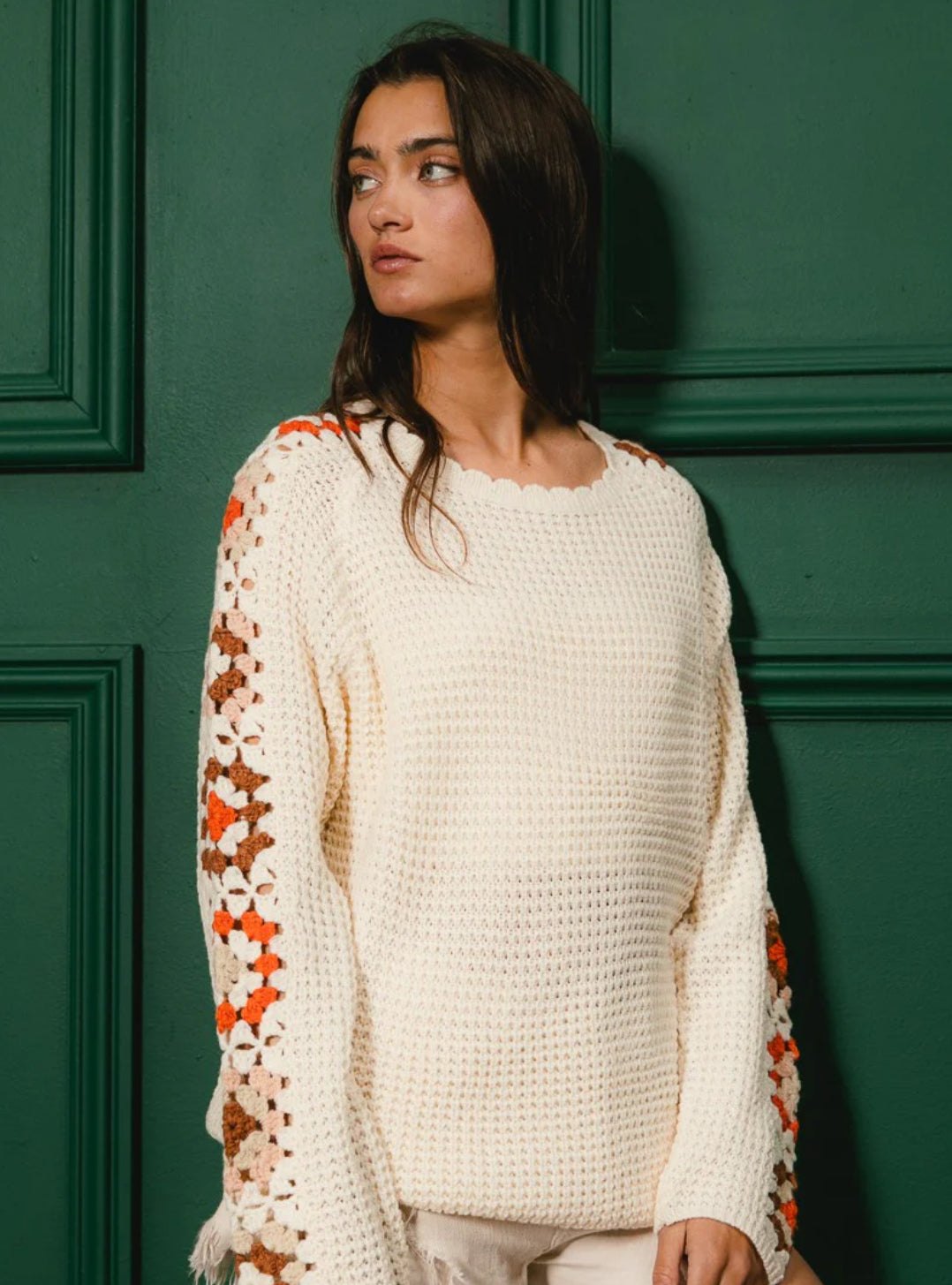 Cream Crochet Detailed Long Sleeve Sweater, thumbnail 4