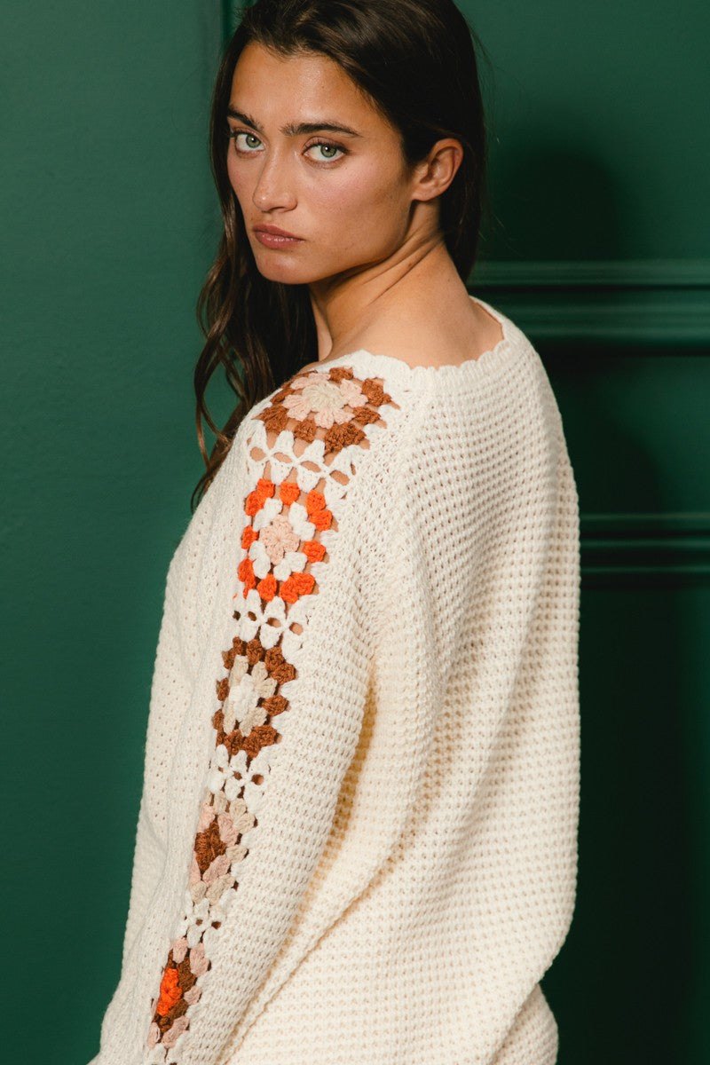 Cream Crochet Detailed Long Sleeve Sweater, thumbnail 5