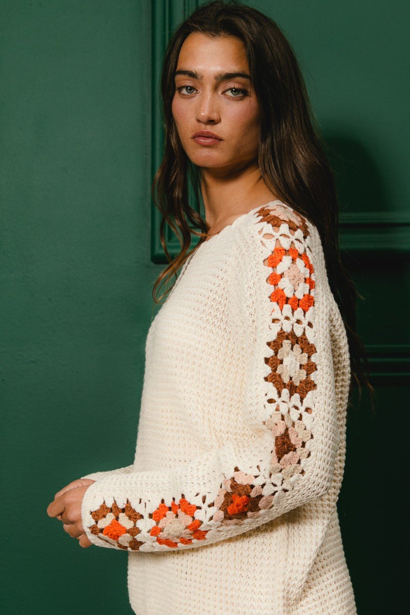Cream Crochet Detailed Long Sleeve Sweater, thumbnail 6