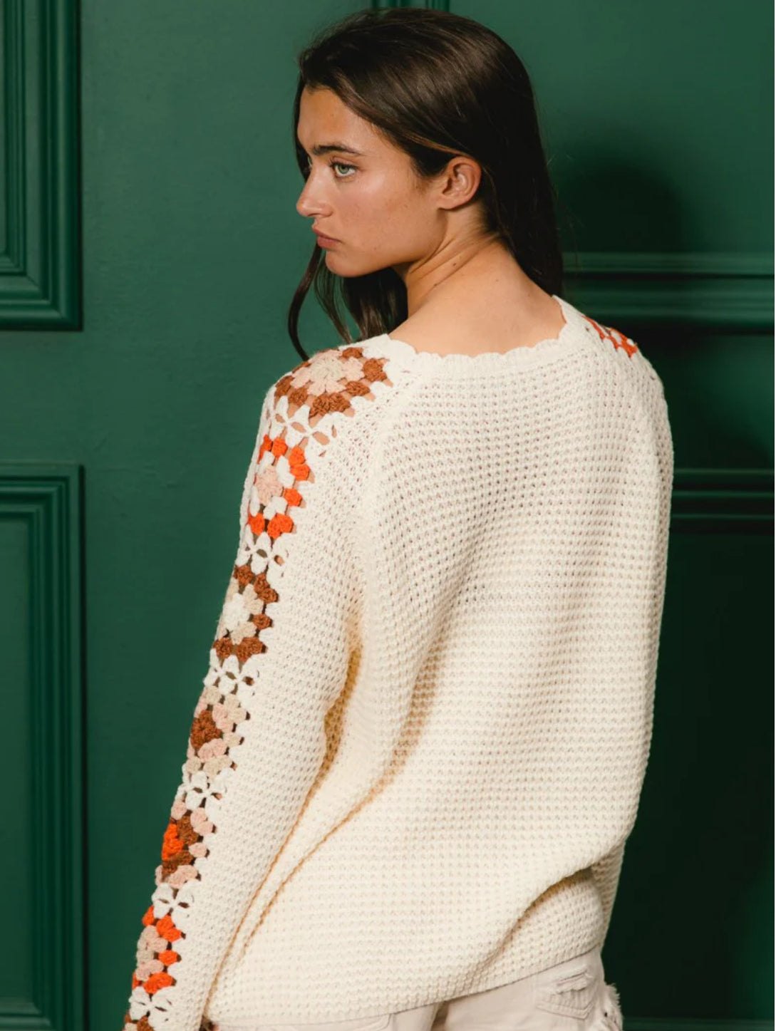 Cream Crochet Detailed Long Sleeve Sweater, thumbnail 7