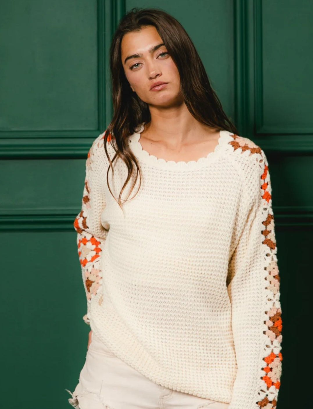 Cream Crochet Detailed Long Sleeve Sweater, thumbnail 8
