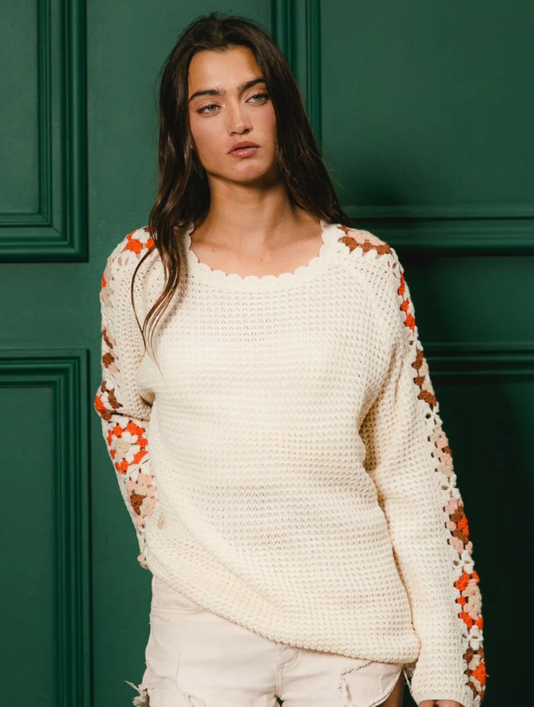 Cream Crochet Detailed Long Sleeve Sweater, thumbnail 9