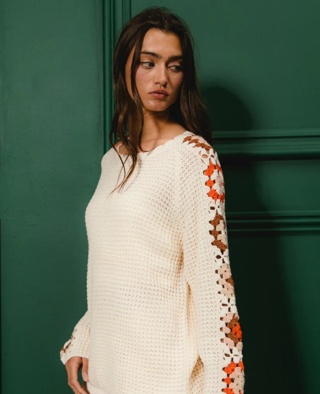 Cream Crochet Detailed Long Sleeve Sweater, thumbnail 10