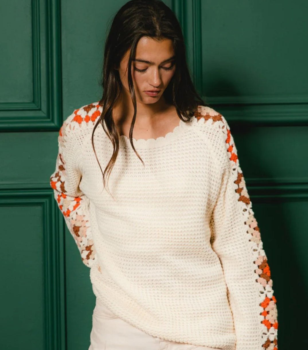 Cream Crochet Detailed Long Sleeve Sweater, thumbnail 11