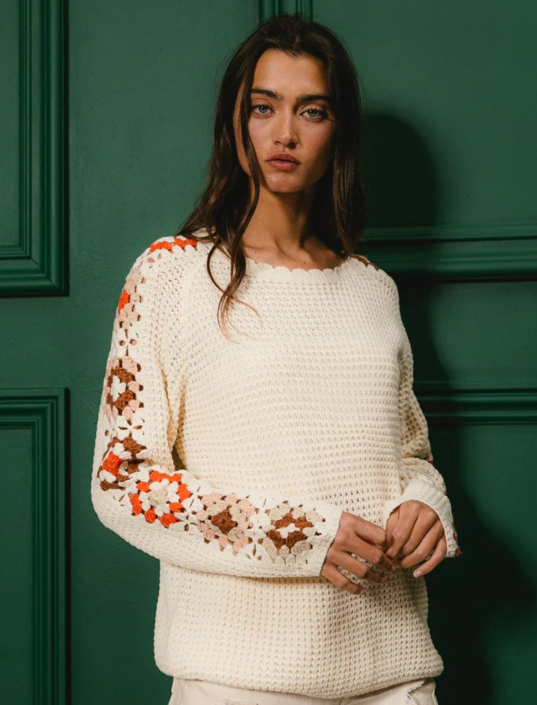 Cream Crochet Detailed Long Sleeve Sweater, thumbnail 12
