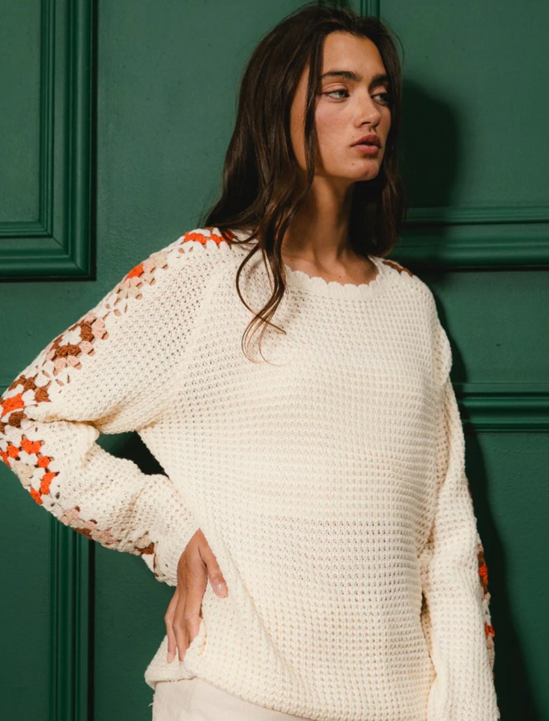 Cream Crochet Detailed Long Sleeve Sweater, thumbnail 13