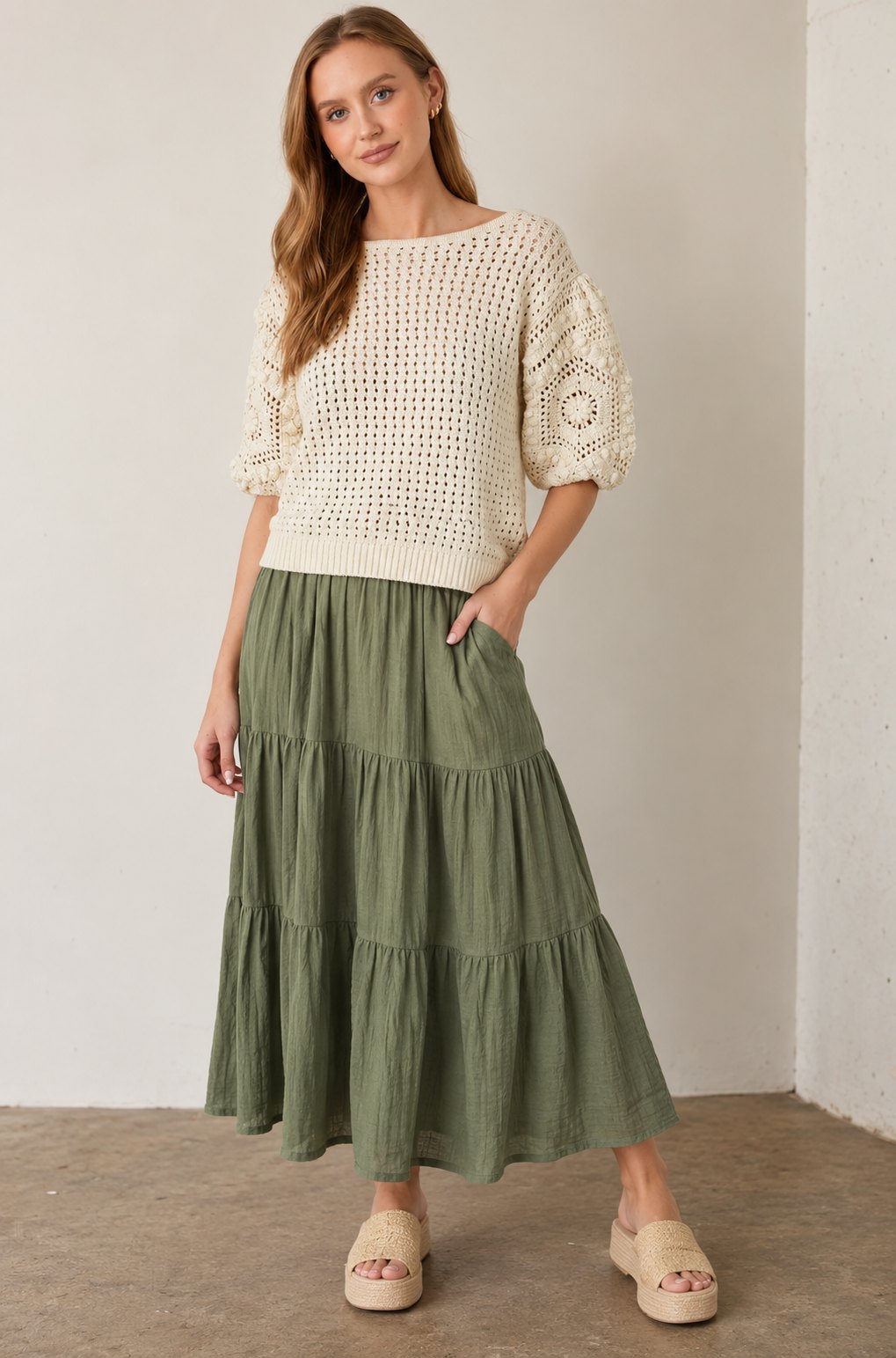 Cream Crochet Puff Sleeve Sweater