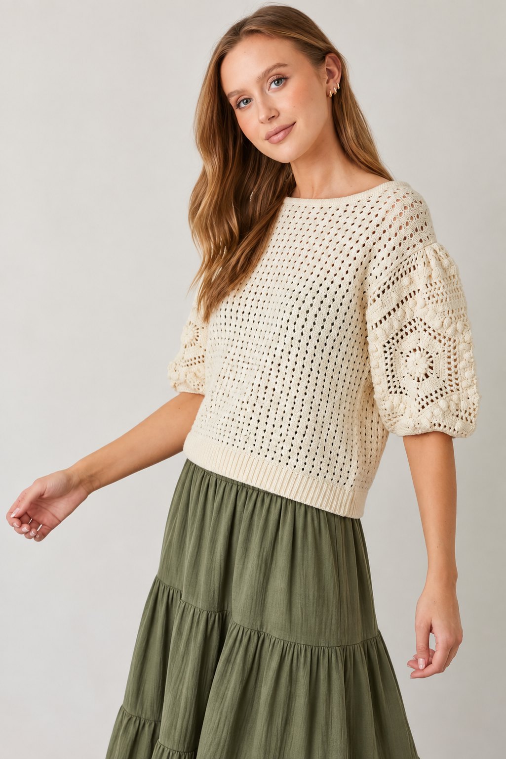 Cream Crochet Puff Sleeve Sweater, alternate view