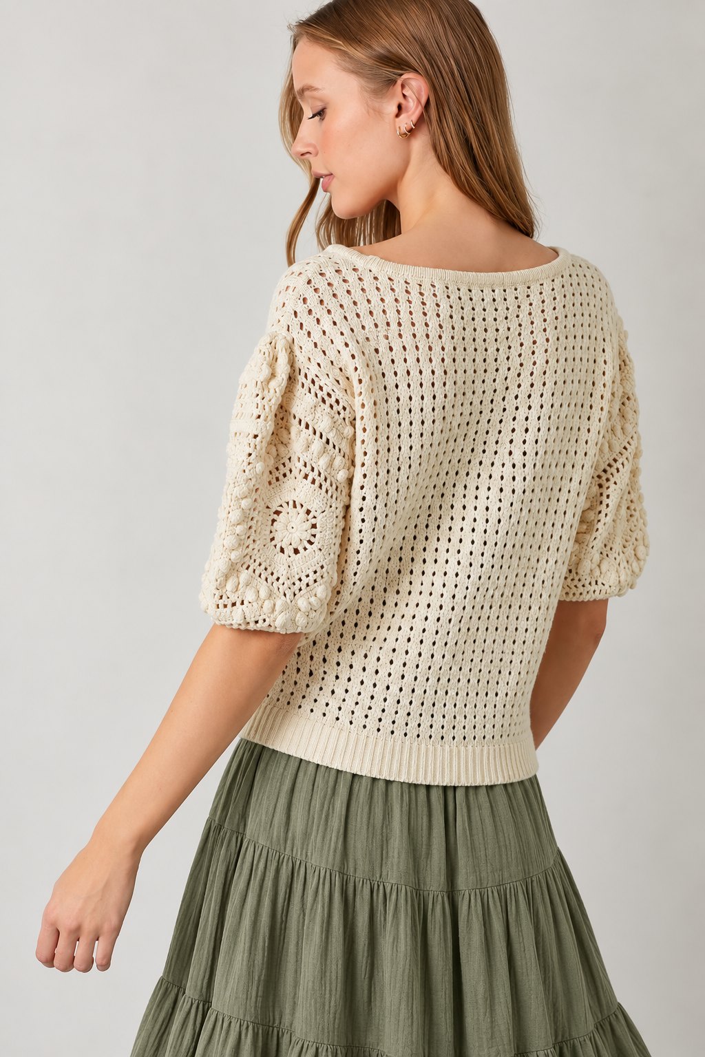 Cream Crochet Puff Sleeve Sweater, thumbnail 3