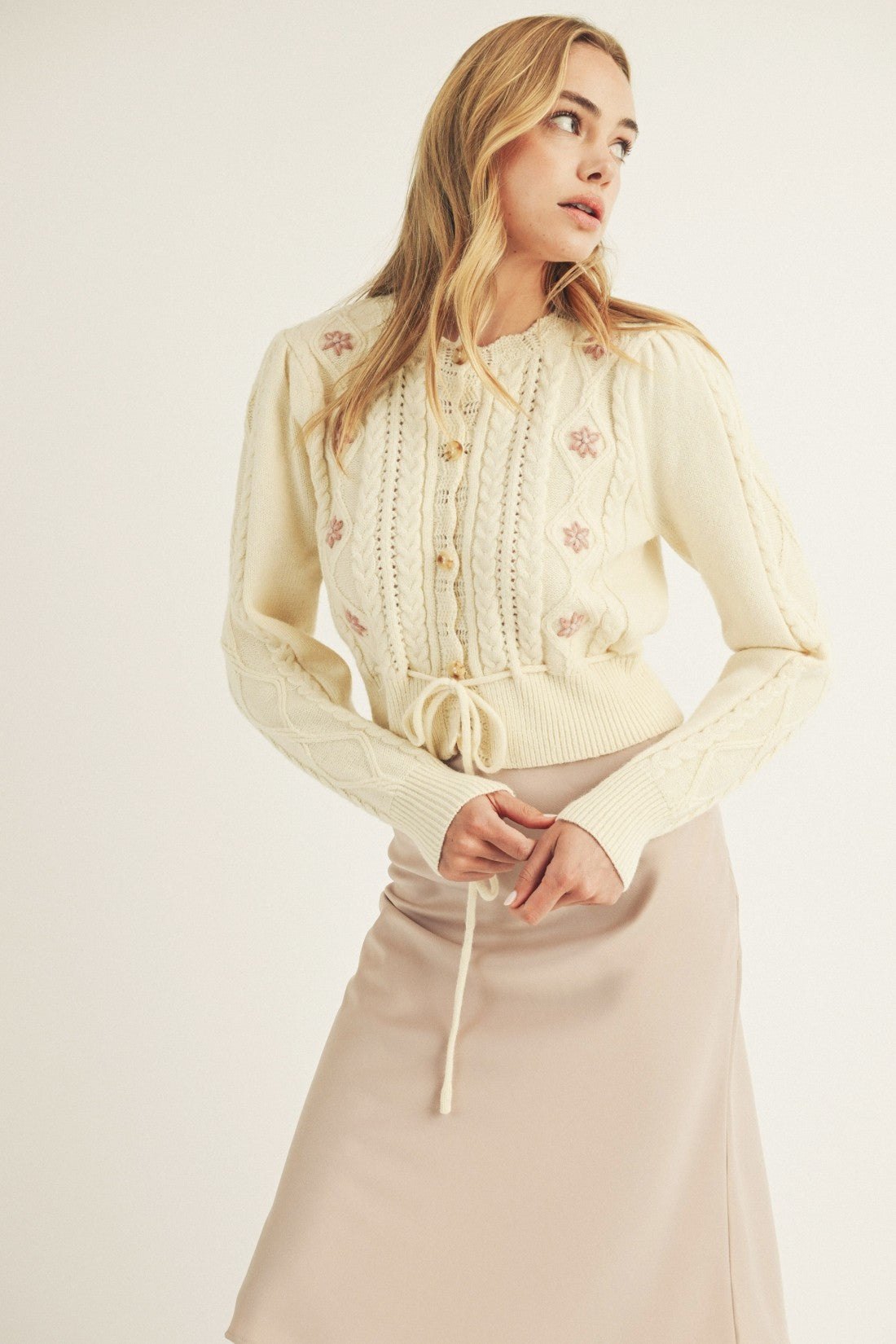 Cream tie front floral cardigan