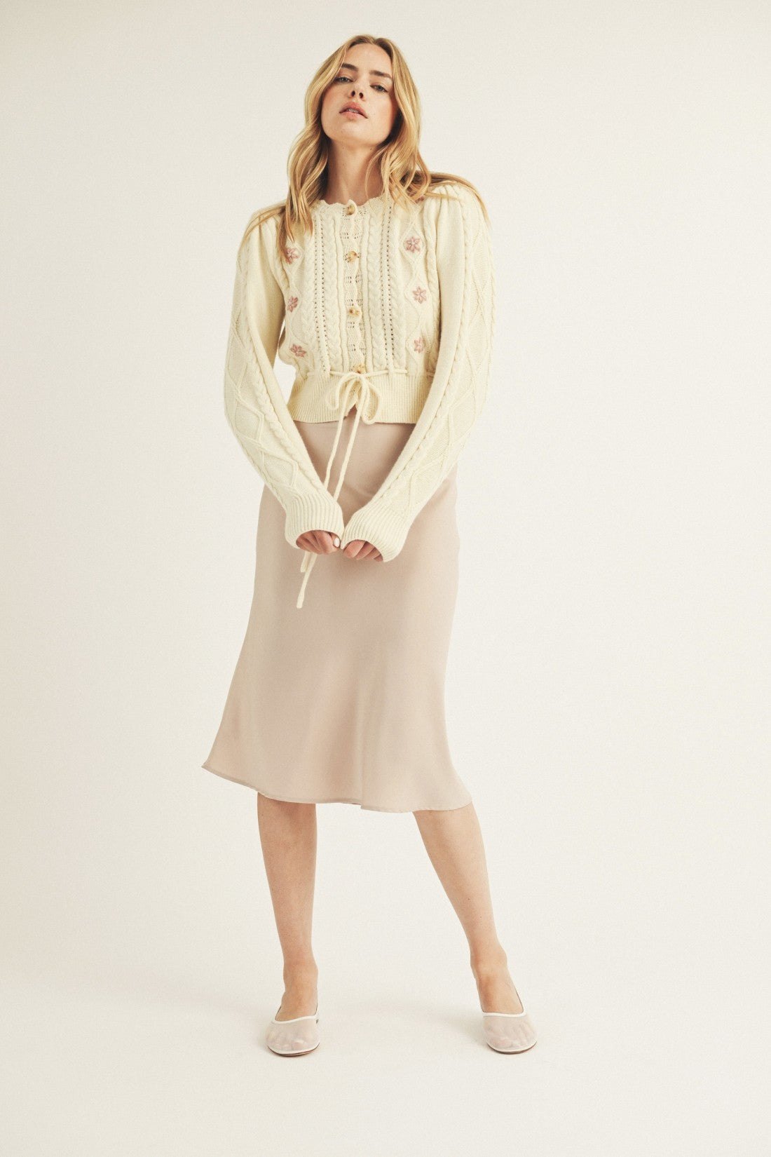 Cream tie front floral cardigan, alternate view