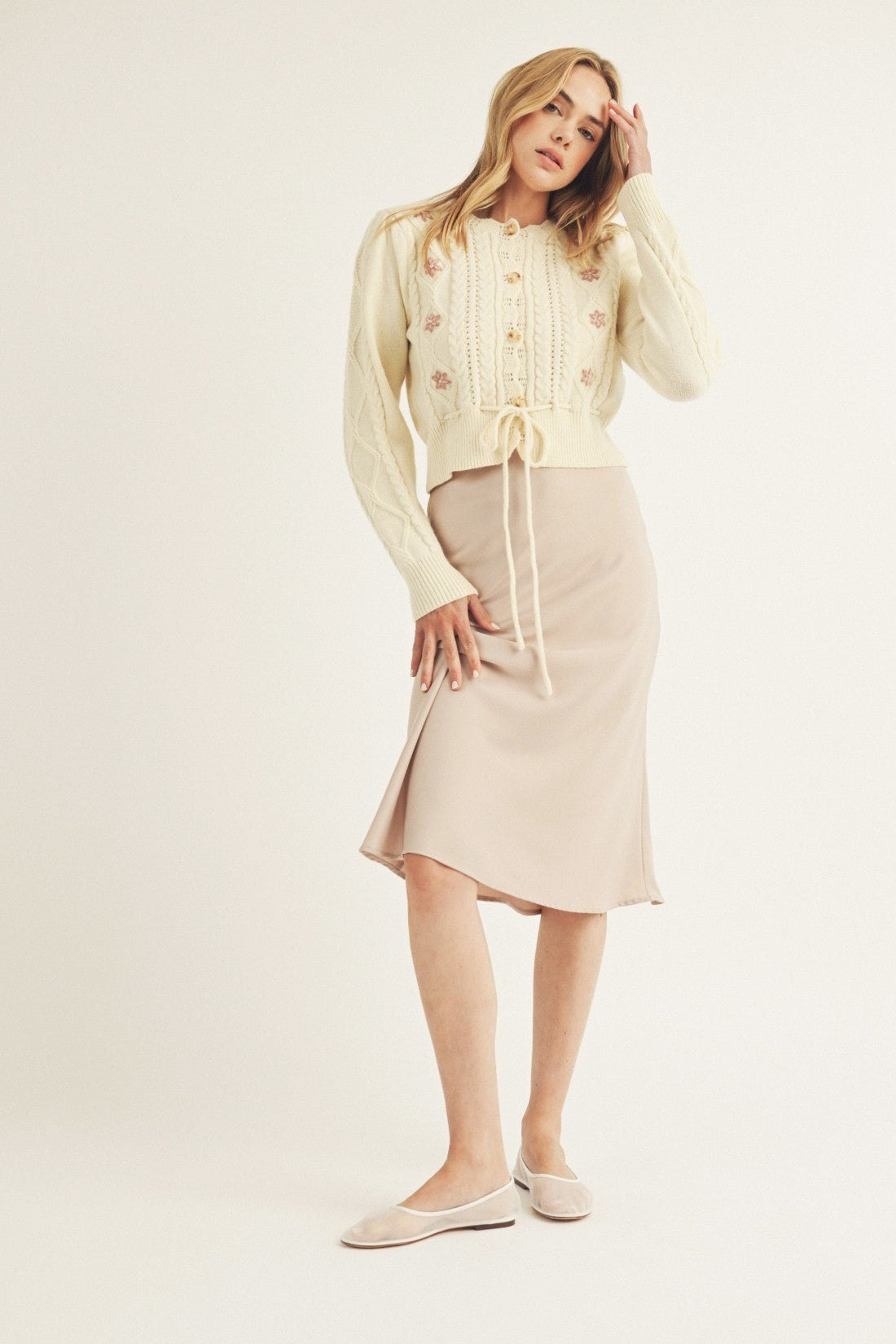Cream tie front floral cardigan, thumbnail 3
