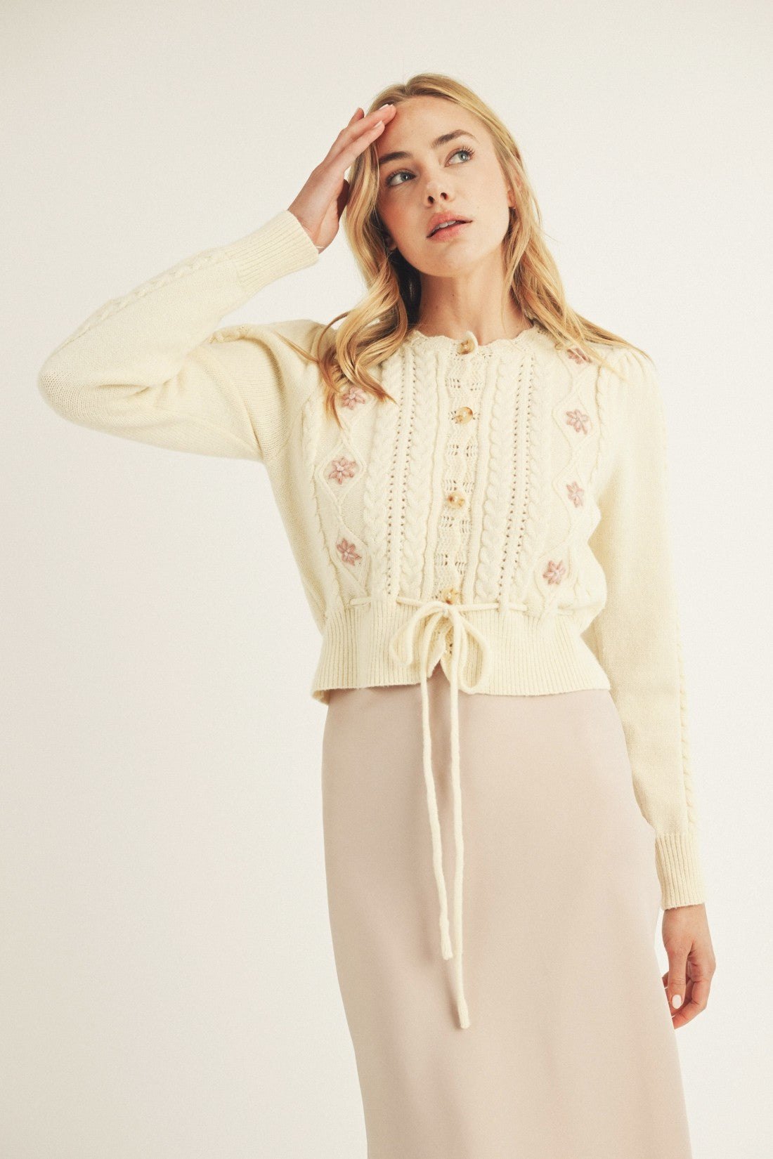 Cream tie front floral cardigan, thumbnail 5