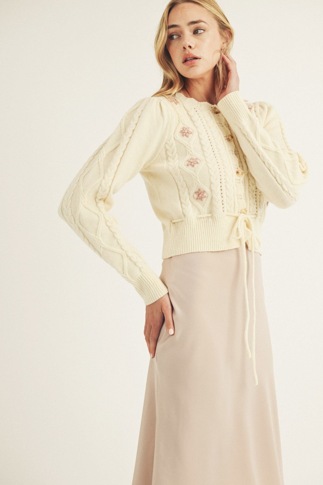 Cream tie front floral cardigan, thumbnail 7