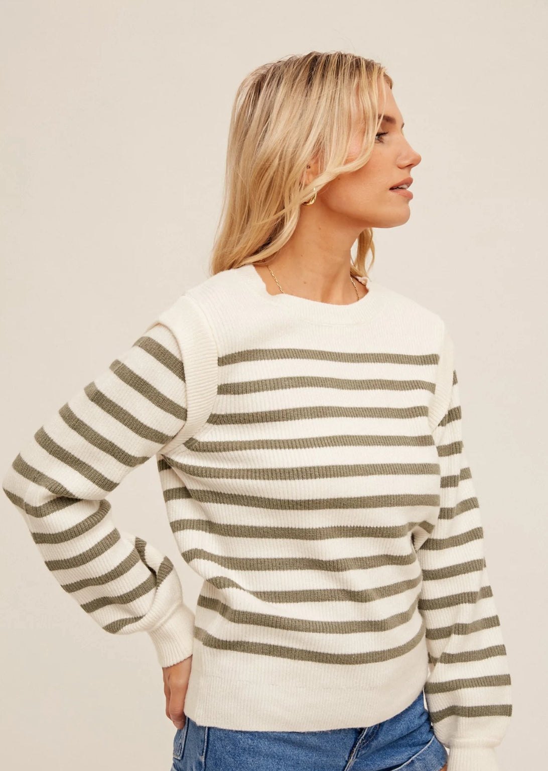Crew neck olive striped sweater, alternate view
