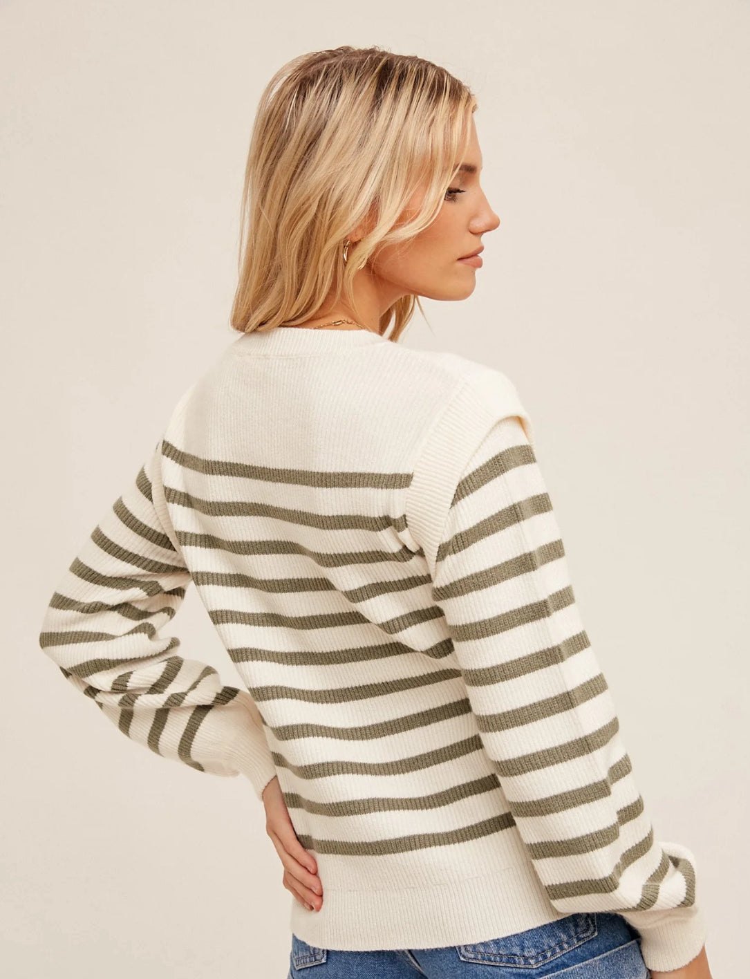 Crew neck olive striped sweater, thumbnail 4