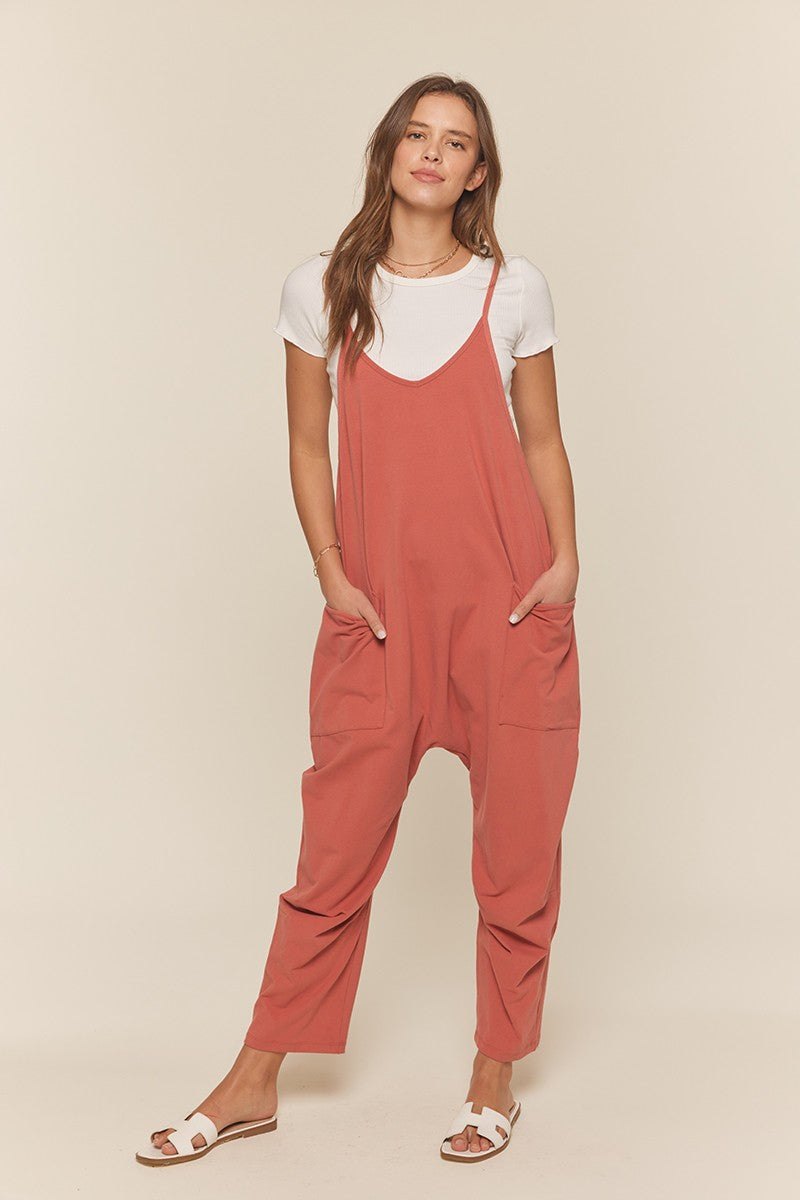 Dark coral knit overalls