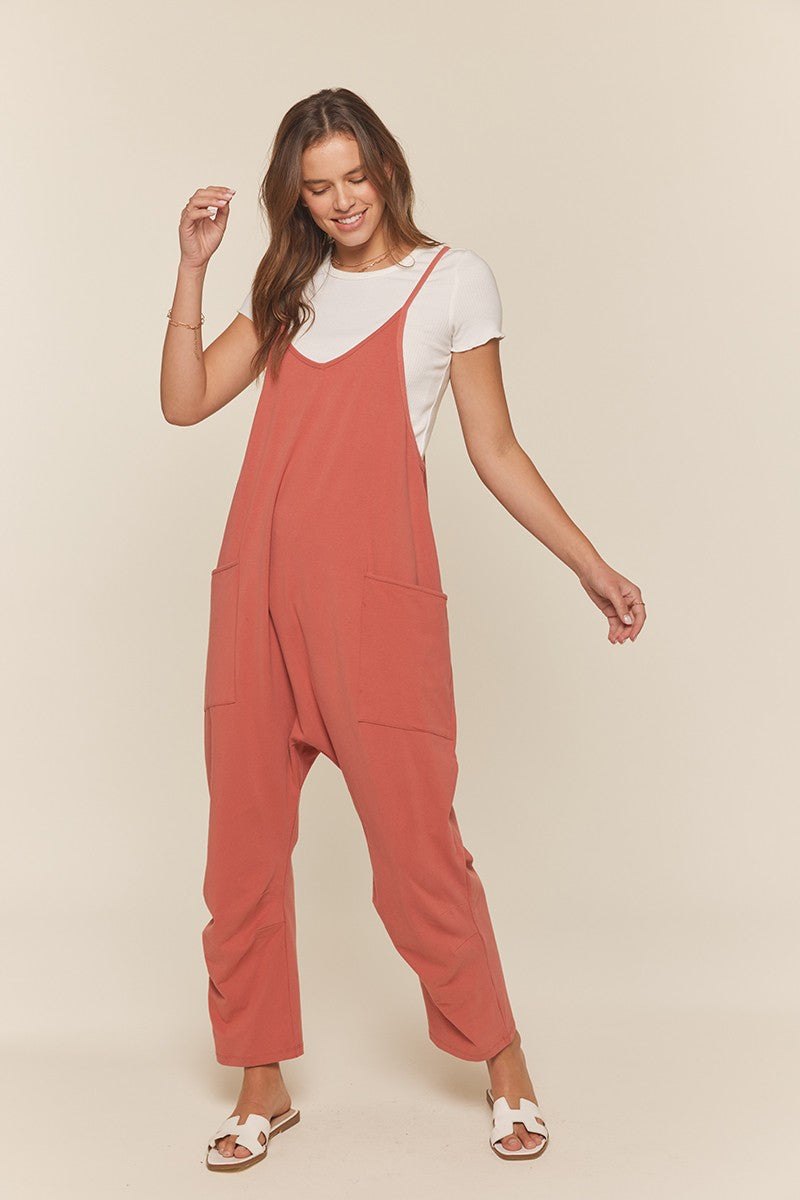 Dark coral knit overalls, alternate view