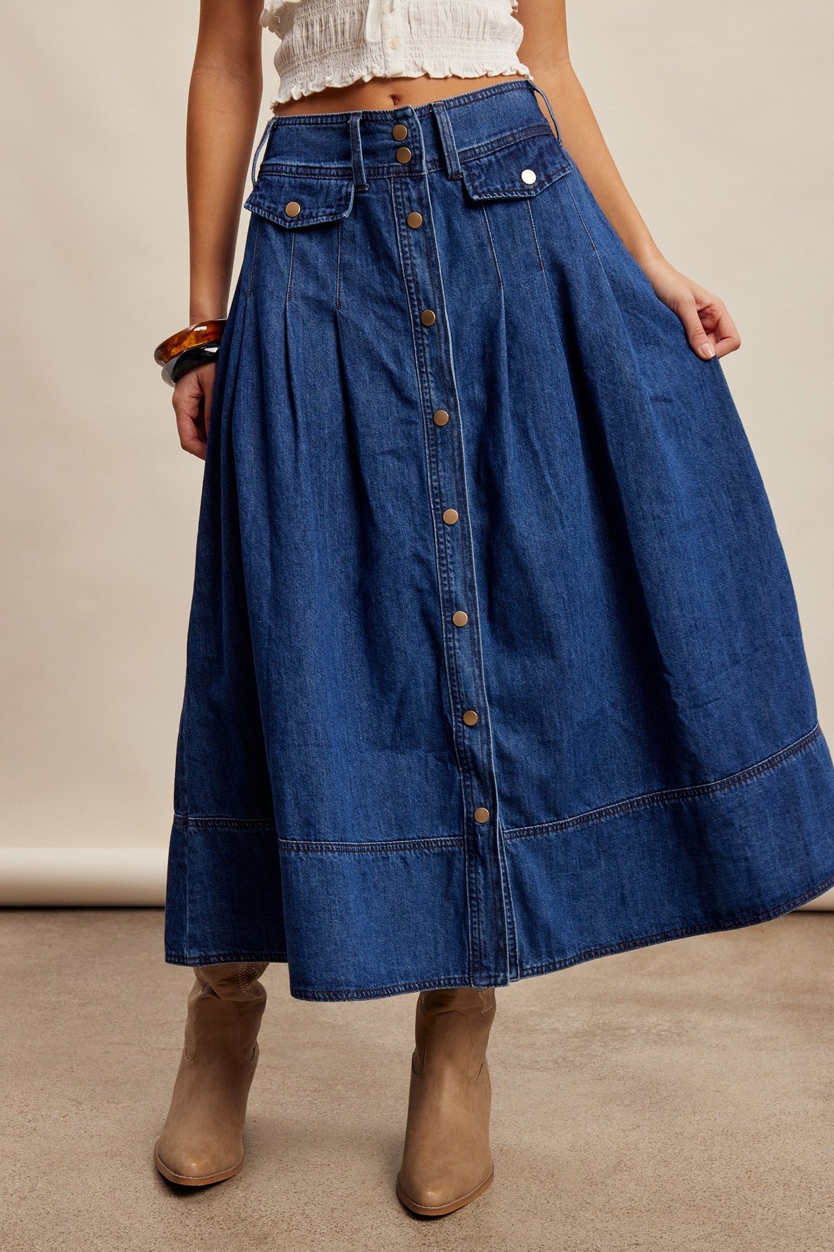 Button Front Pleated Denim Maxi Skirt