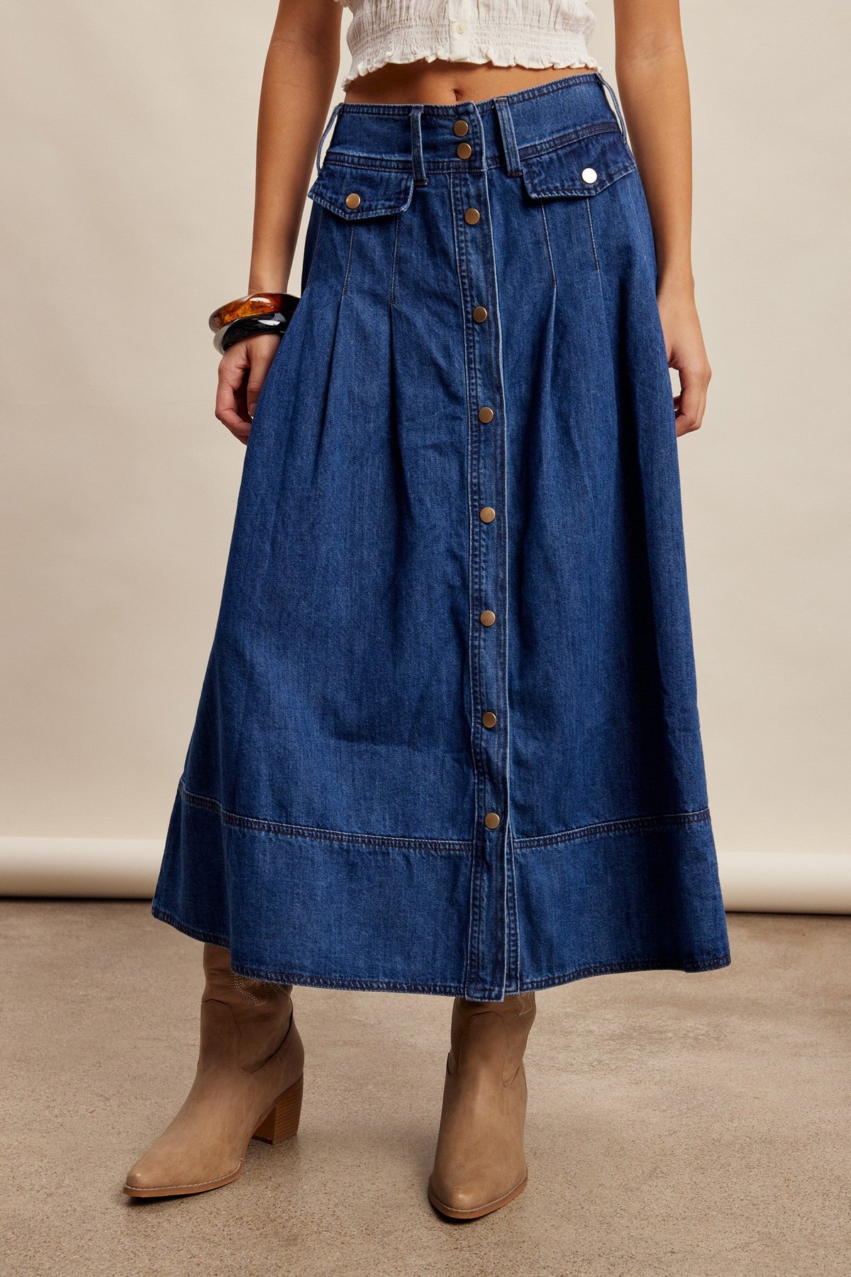 Button Front Pleated Denim Maxi Skirt, alternate view
