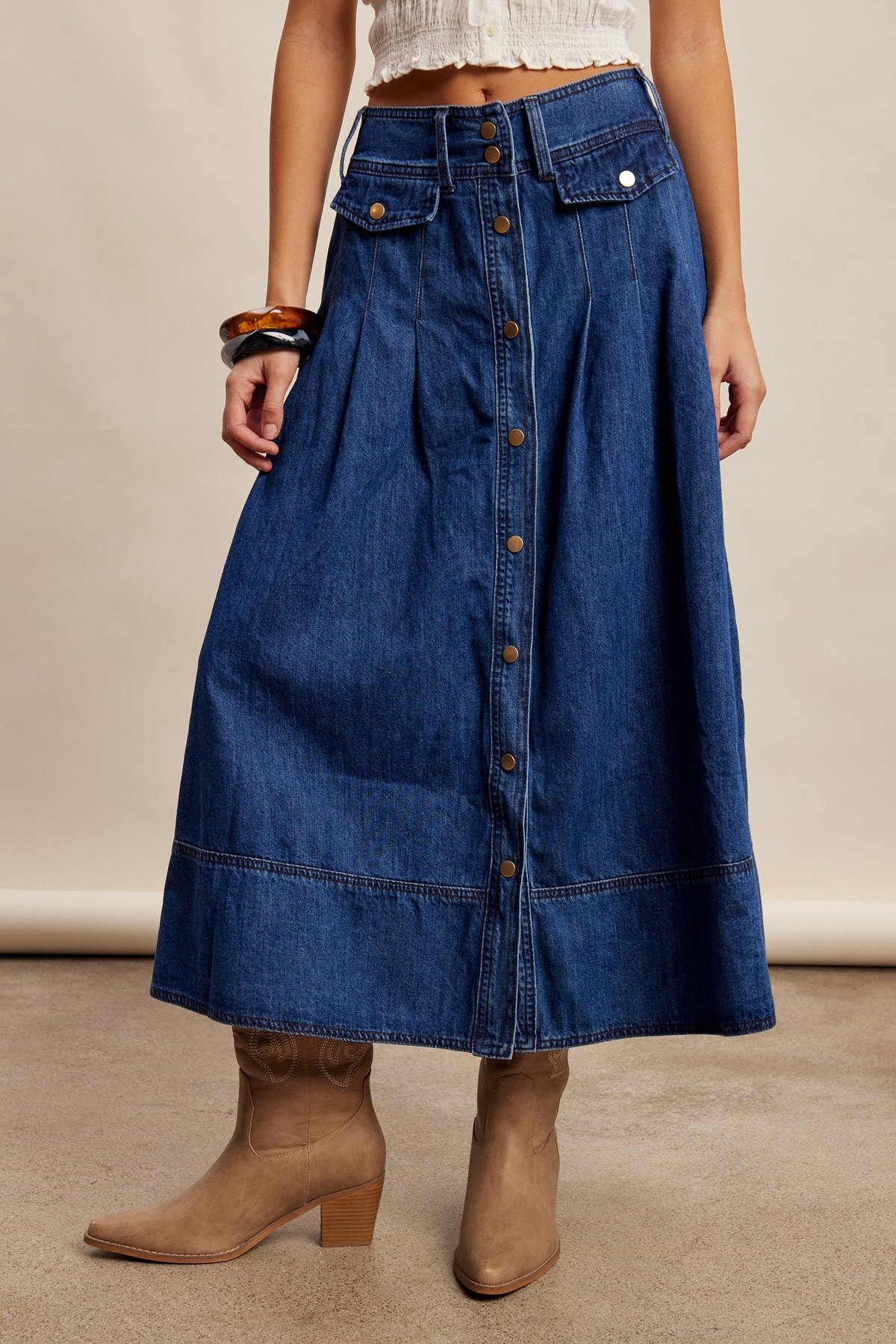 Button Front Pleated Denim Maxi Skirt, thumbnail 3