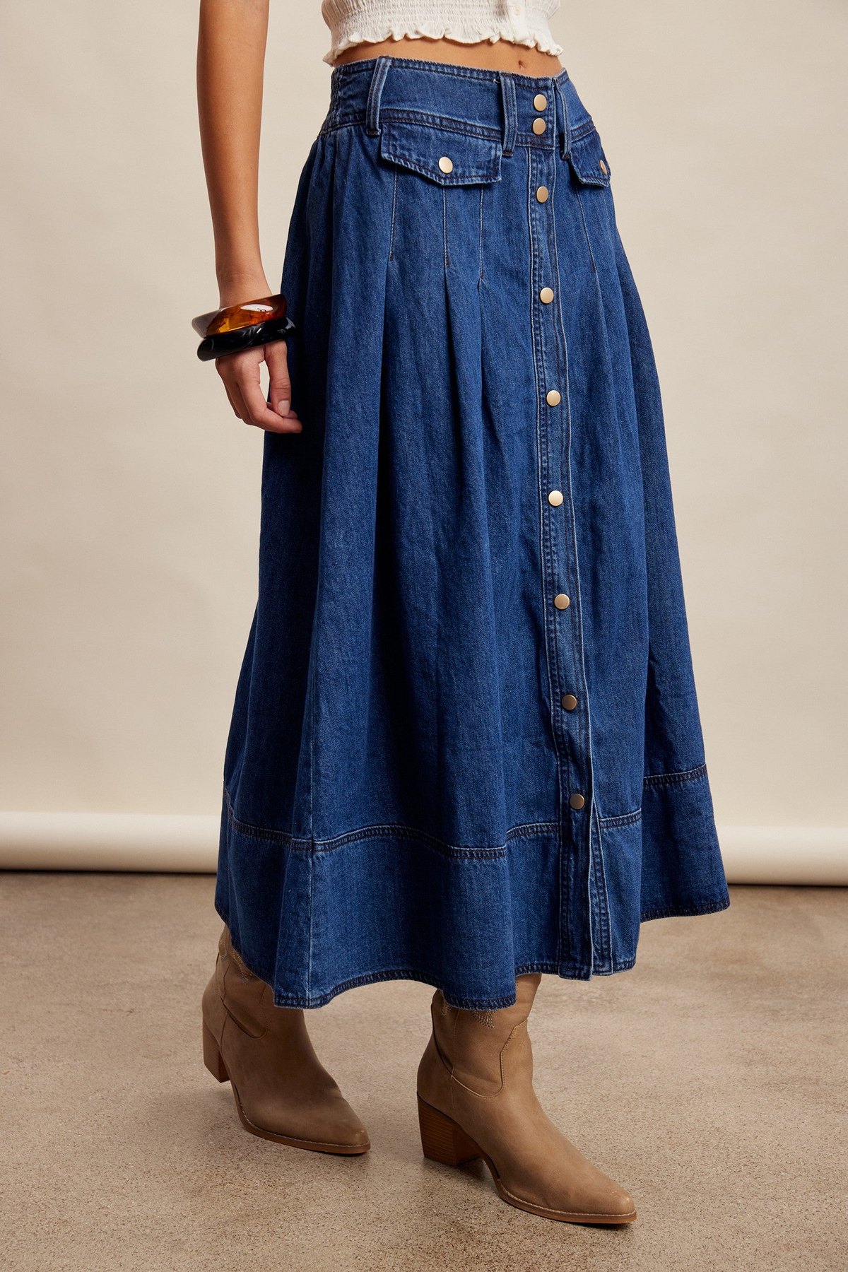 Button Front Pleated Denim Maxi Skirt, thumbnail 4