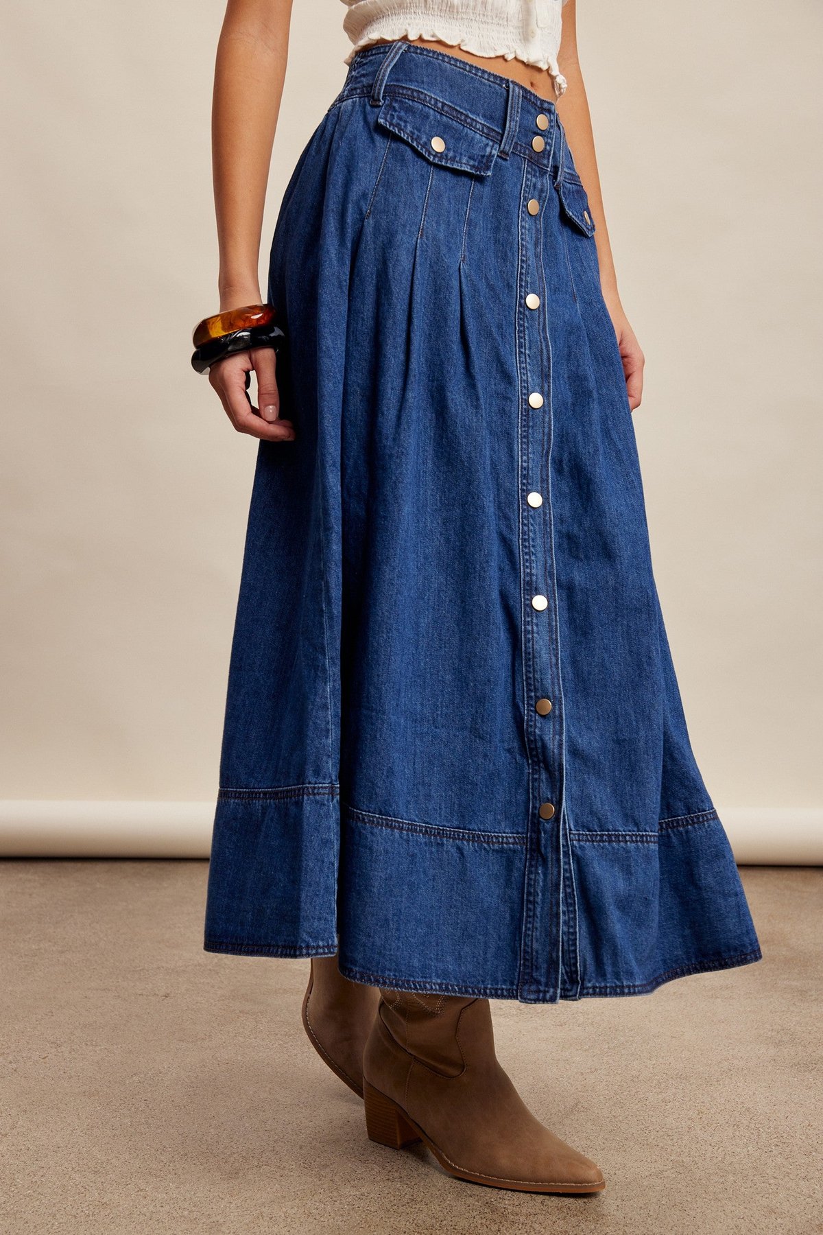 Button Front Pleated Denim Maxi Skirt, thumbnail 5