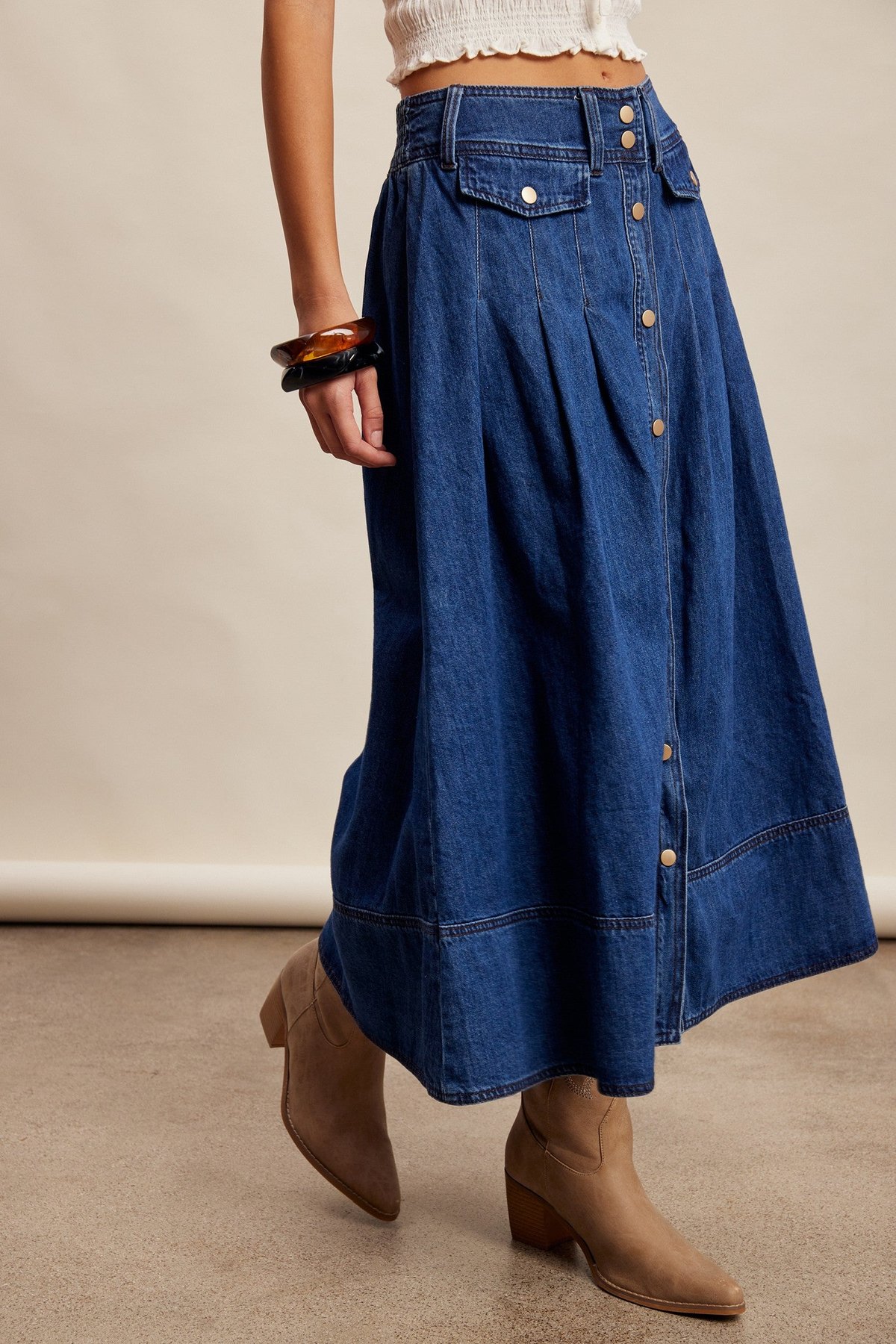 Button Front Pleated Denim Maxi Skirt, thumbnail 6