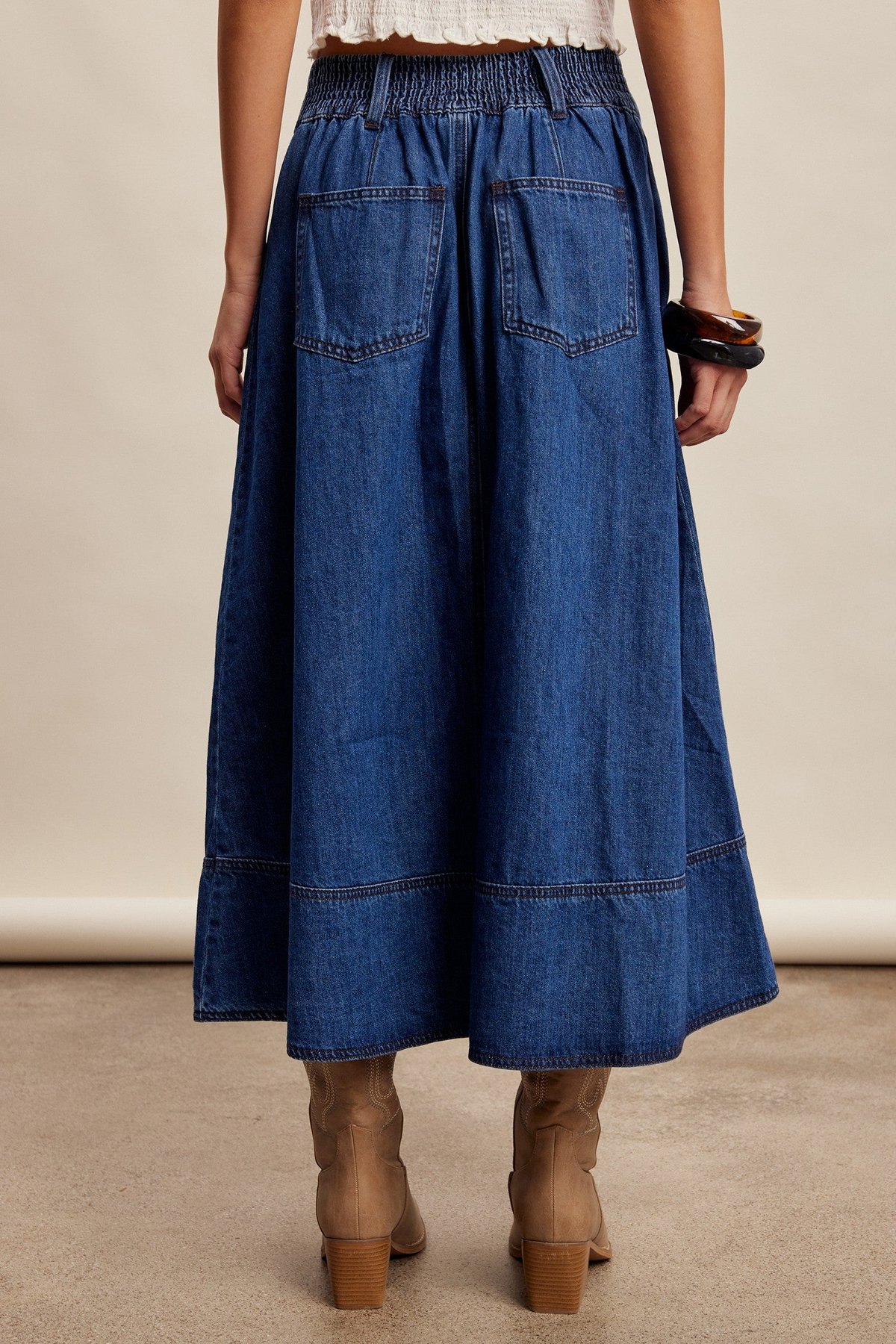 Button Front Pleated Denim Maxi Skirt, thumbnail 7