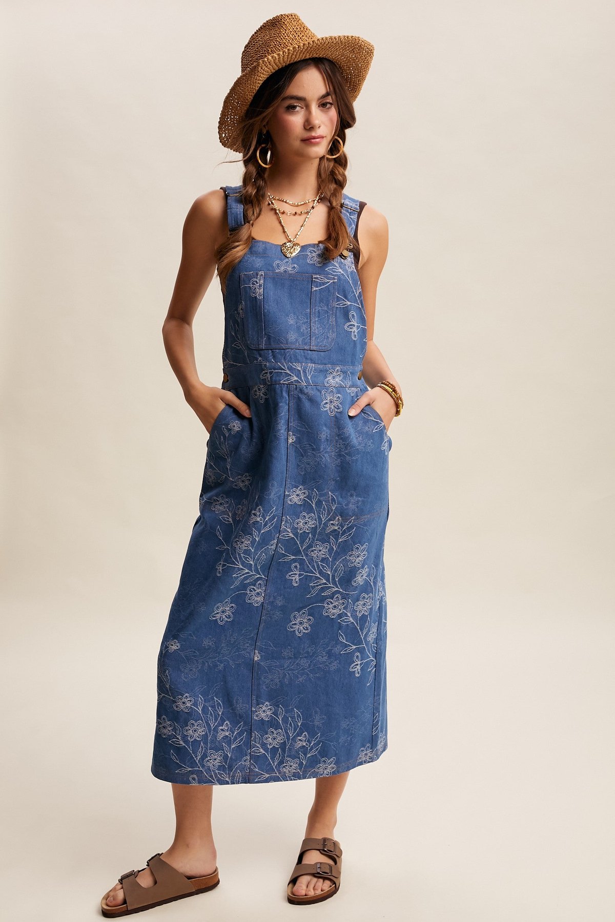 Denim Floral Embroidered Overalls
