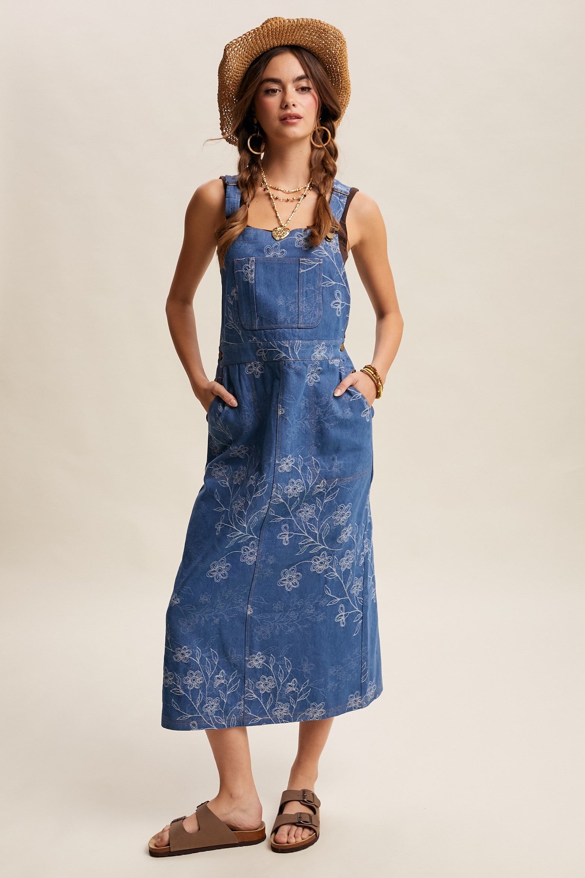 Denim Floral Embroidered Overalls, alternate view